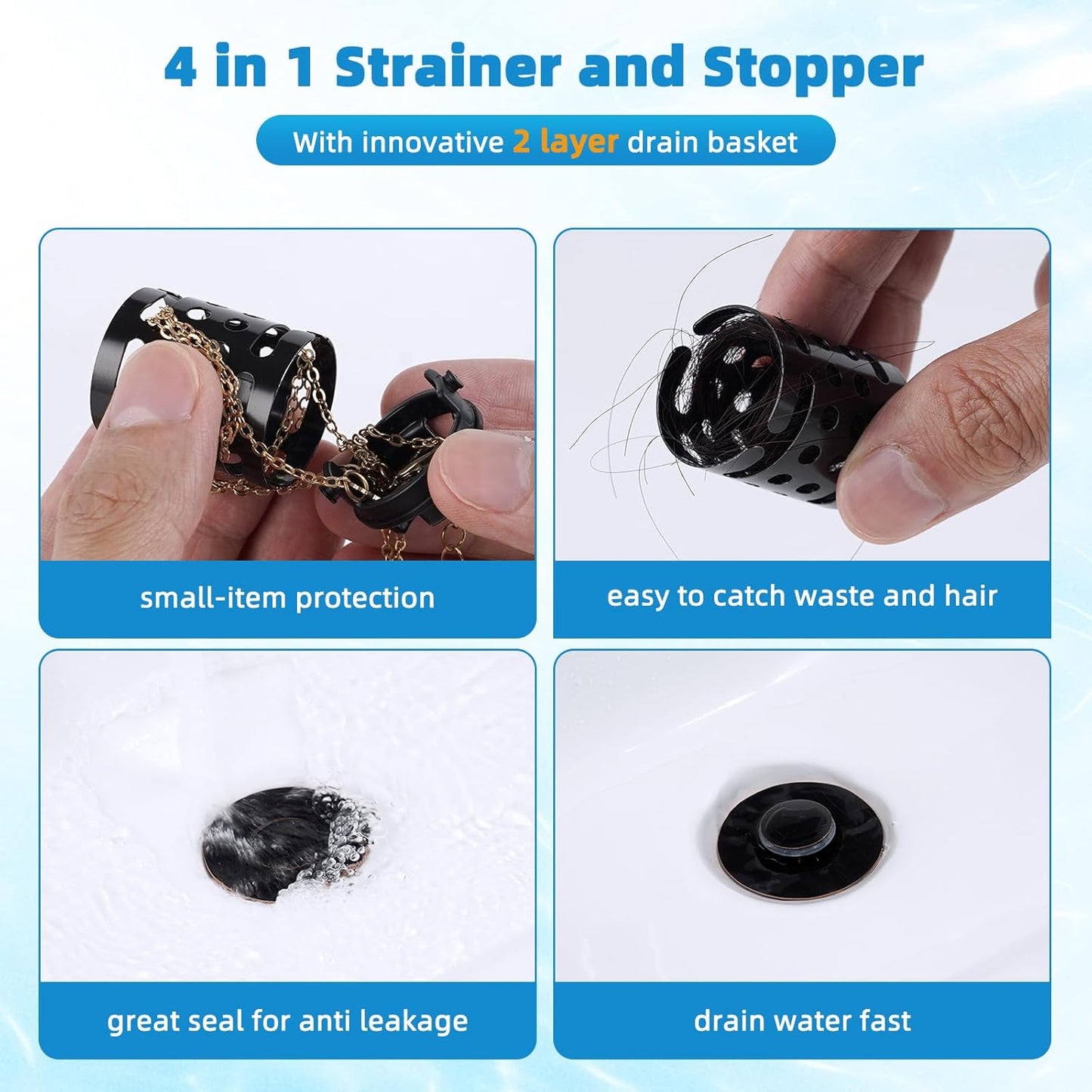 Universal Bathroom Sink Stopper Hair Catcher Upgraded with 2-Layer Detachable Filter Basket, 2PCS 4 in 1 Pop Up Drain Strainer, Anti-Clog, Odor-Block, Fit for 1.1''~2.36'' Sinks, Oil Rubbed Bronze
