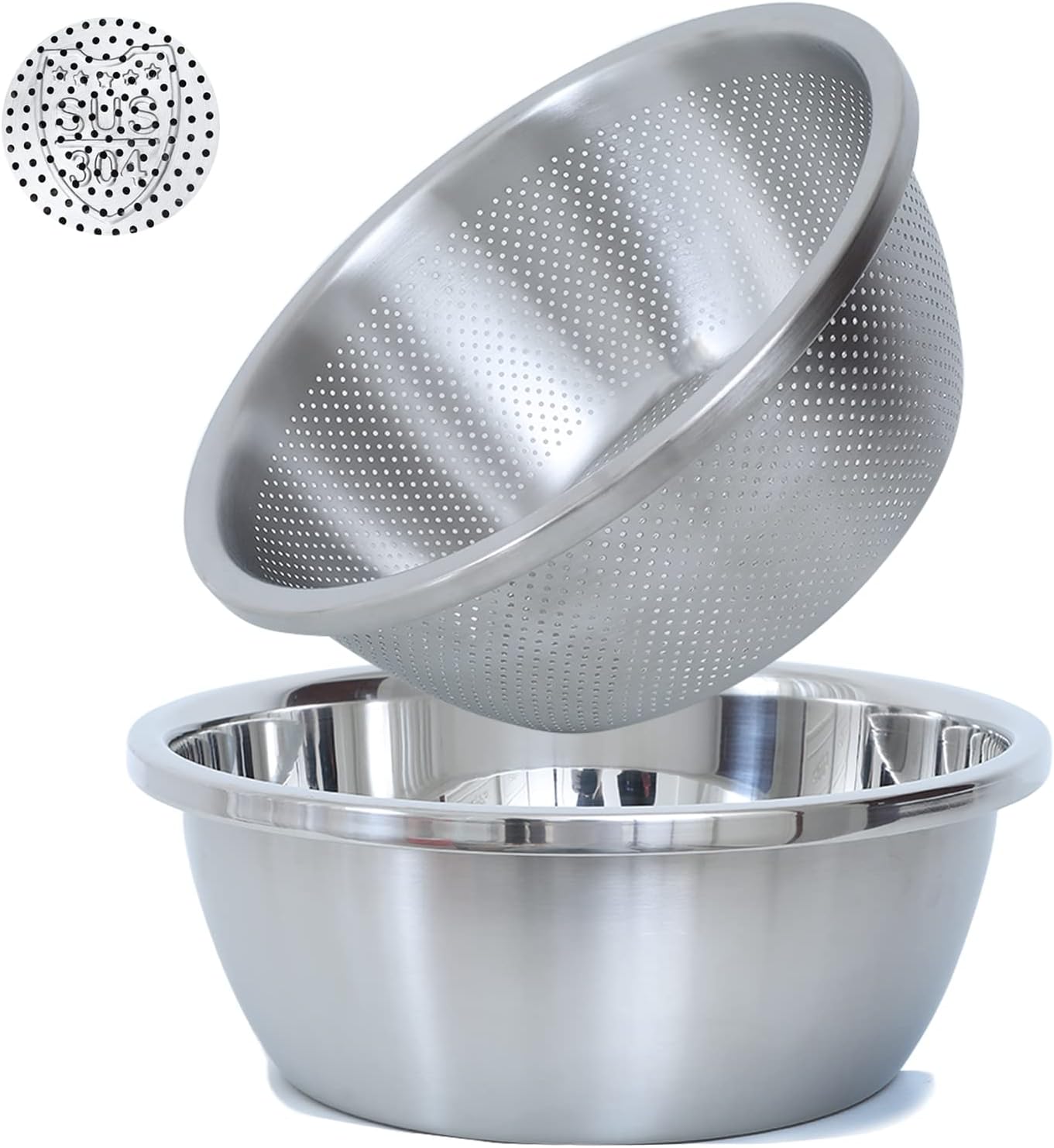 304 Stainless Steel Microporous Colander, 2.5QT Large Capacity with Mixing Bowl For washing vegetables, fruit and rice and for draining cooked pasta(2PC)
