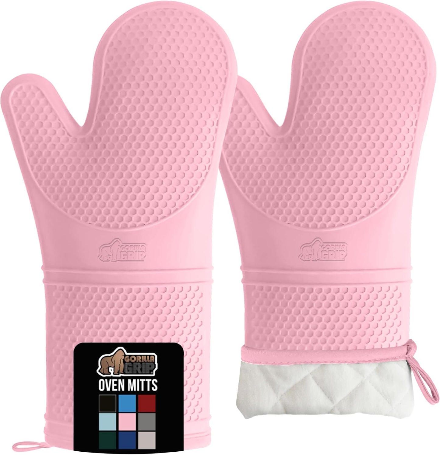 GORILLA GRIP BPA-Free Soft Silicone Oven Mitts, 14.5x8.3, Heat Resistant and Waterproof Cooking Gloves, Thick Cotton Lining, Flexible Gripping for Baking Grilling, Kitchen Potholders Set of 2, Pink