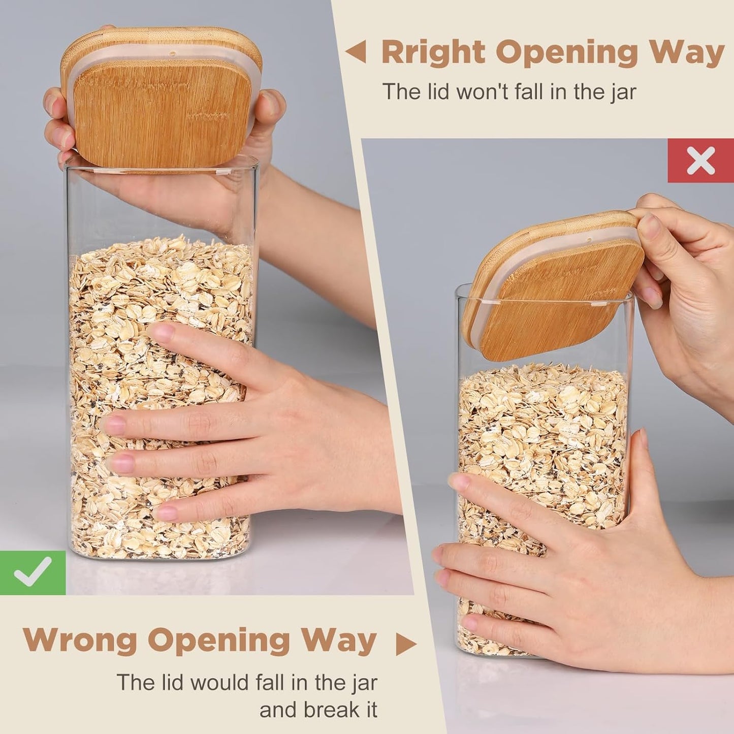 Glass Food Storage Jars Square 44oz, 3 Pack Glass Jars With Bamboo Lids, Kitchen Storage Containers For Spice, Candy, Cookie, Storage For Pantry Organizers