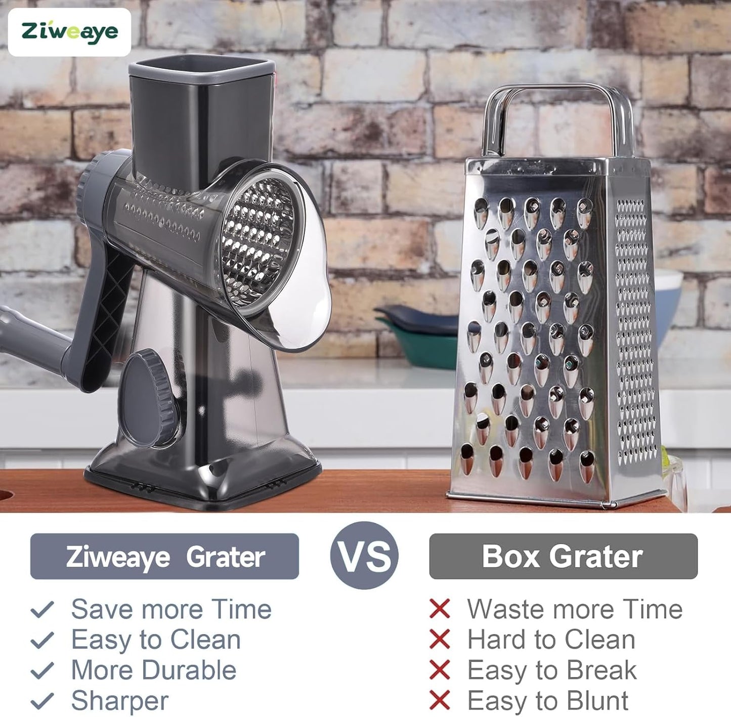 Rotary Cheese Grater Hand Crank Cheese Shredder Vegetable Mandoline Slicer for Kitchen 3 in 1 Changeable Blades for Cheese Potato Nuts Chocolate Ice （Grey TSP)