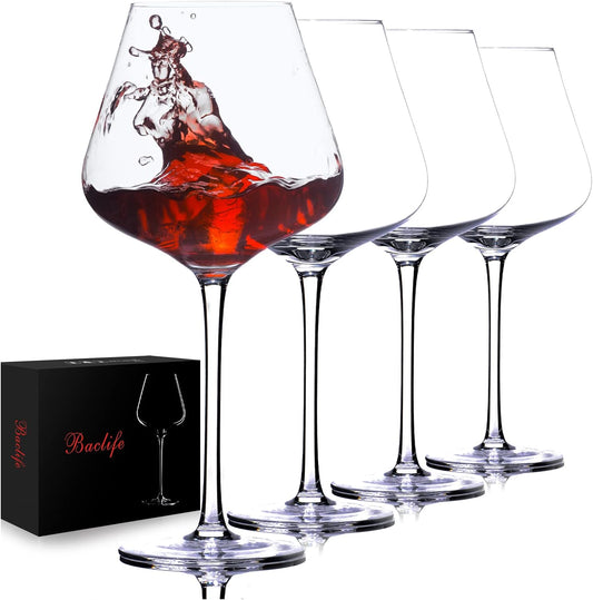 Hand Blown Red Wine Glasses Set of 4 – 23 oz Burgundy Wine Glasses With Long Stem – Large Premium Crystal Wine Glass – Unique Gift for Wedding, Anniversary, Mother’s Day – Clear
