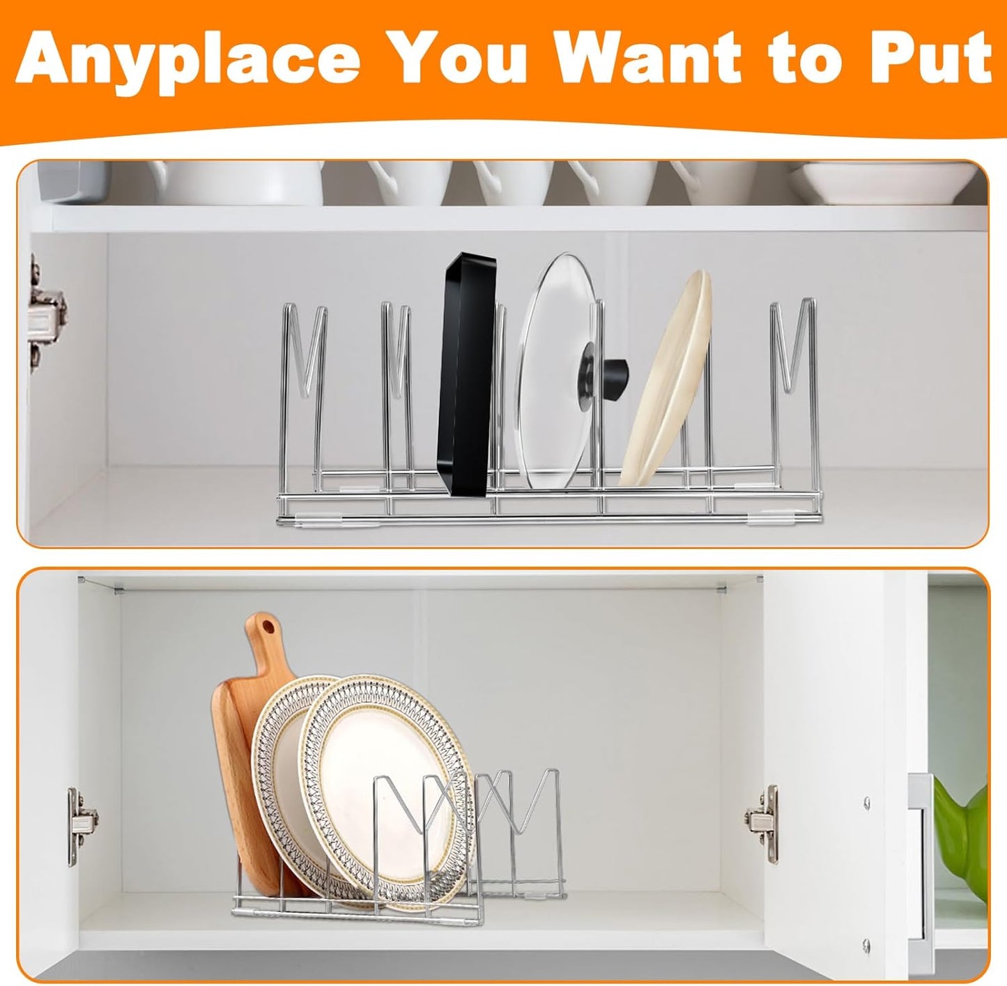 3 Pack Pot Lid Organizer for Cabinet, Stainless Steel Pot Lid Holder with Anti-slip Silicone Mat, Lid Rack for Pans Pots, Bakeware, Plates, Cookie Sheets, Trays, Cutting Boards, Silver