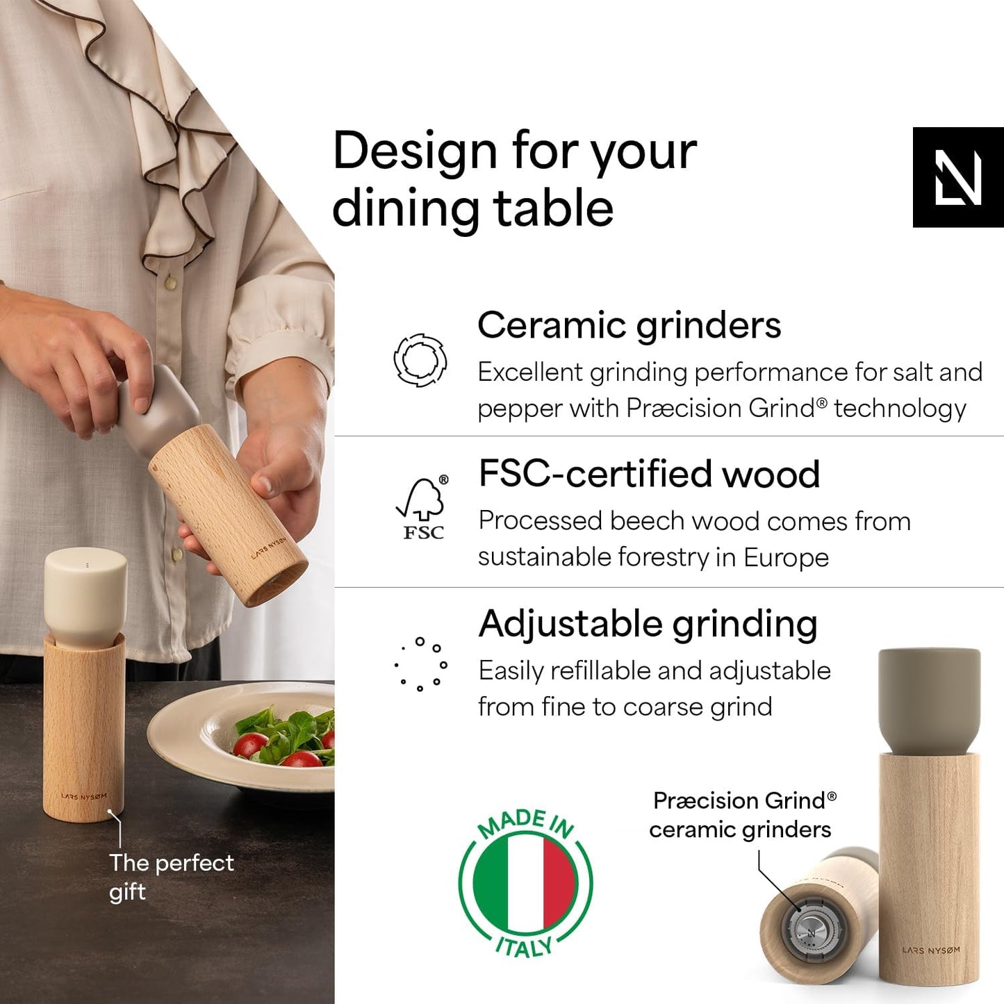 LARS NYSØM Wooden Salt and Pepper Grinder Set Manual with Tray - Salt and Pepper Mills with Adjustable Ceramic Grinder - Elegant Beechwood Pepper and Salt Mill Set for Dining Table (Taupe Brown)