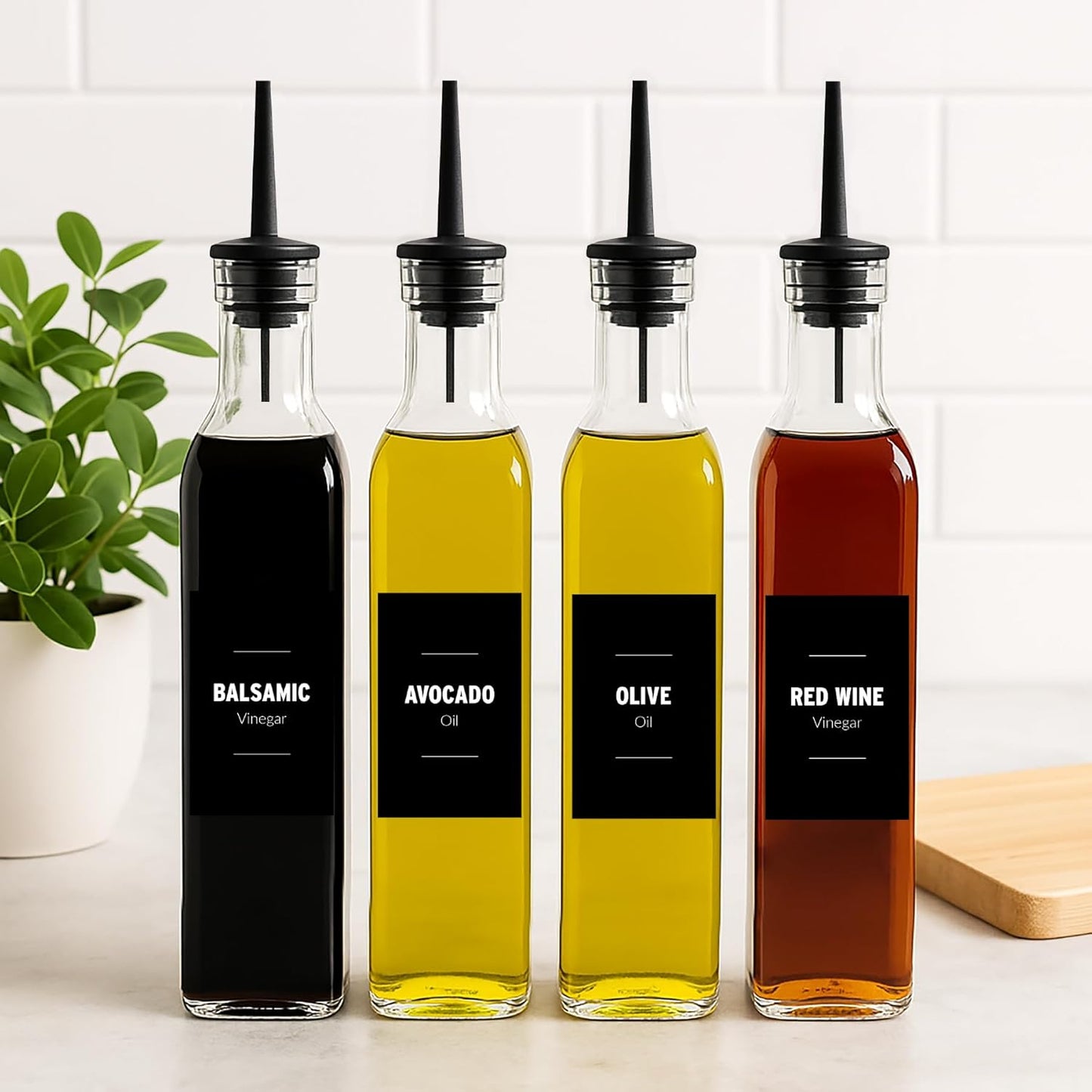 Olive Oil & Vinegar Dispenser Bottle Set with Stainless Steel Pourer, Funnel & Labels - Glass Kitchen Oil Cruet - Dispenser Bottle for Coffee Syrup, Soy Sauce, Cooking Sauces & More - 500ml - Set of 4