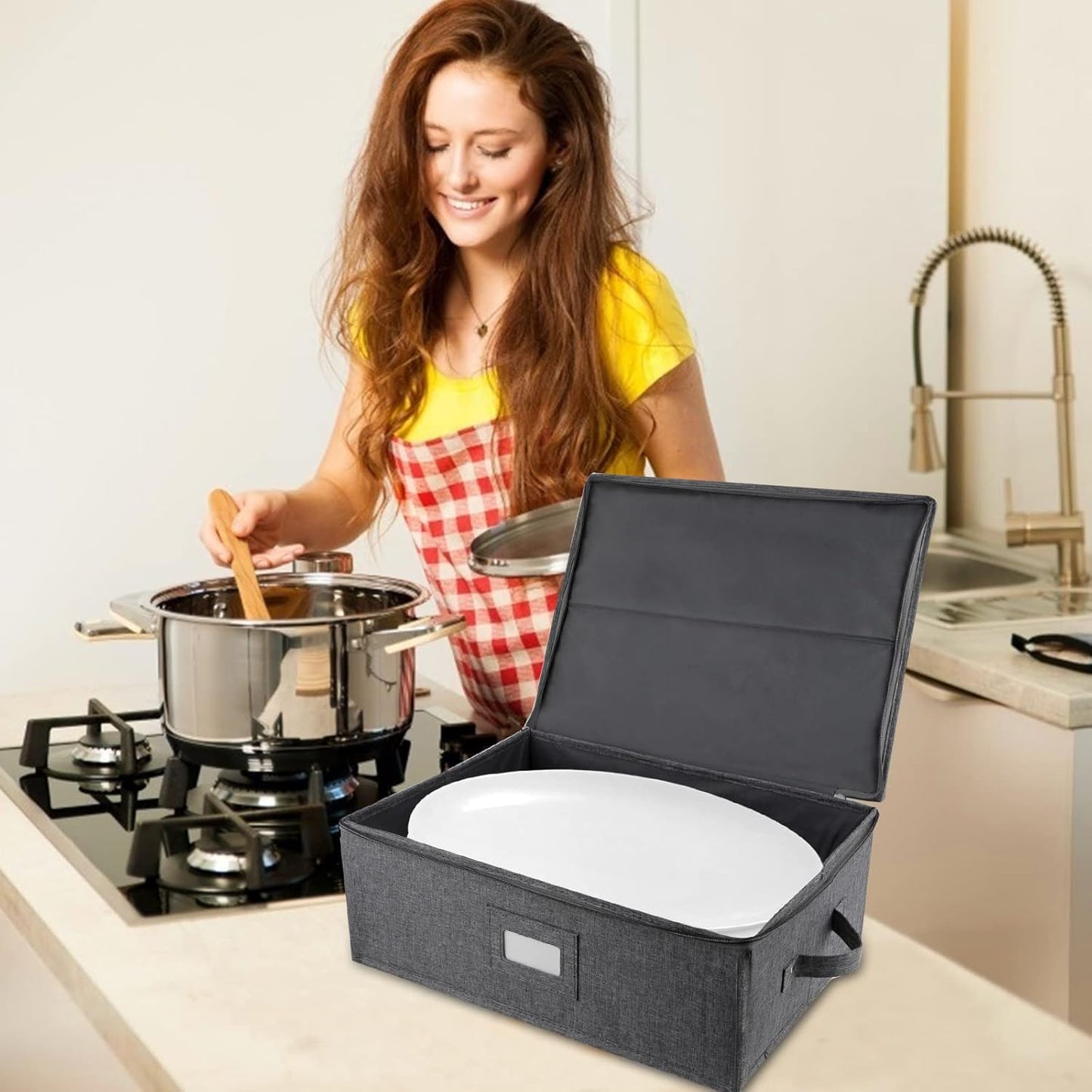 China Storage Containers Hard Shell 2 Pack, Platter Storage Case 17" x 13" x 6", 5 Felt Dividers Included, Structured Top and Stackable (Linen Grey)