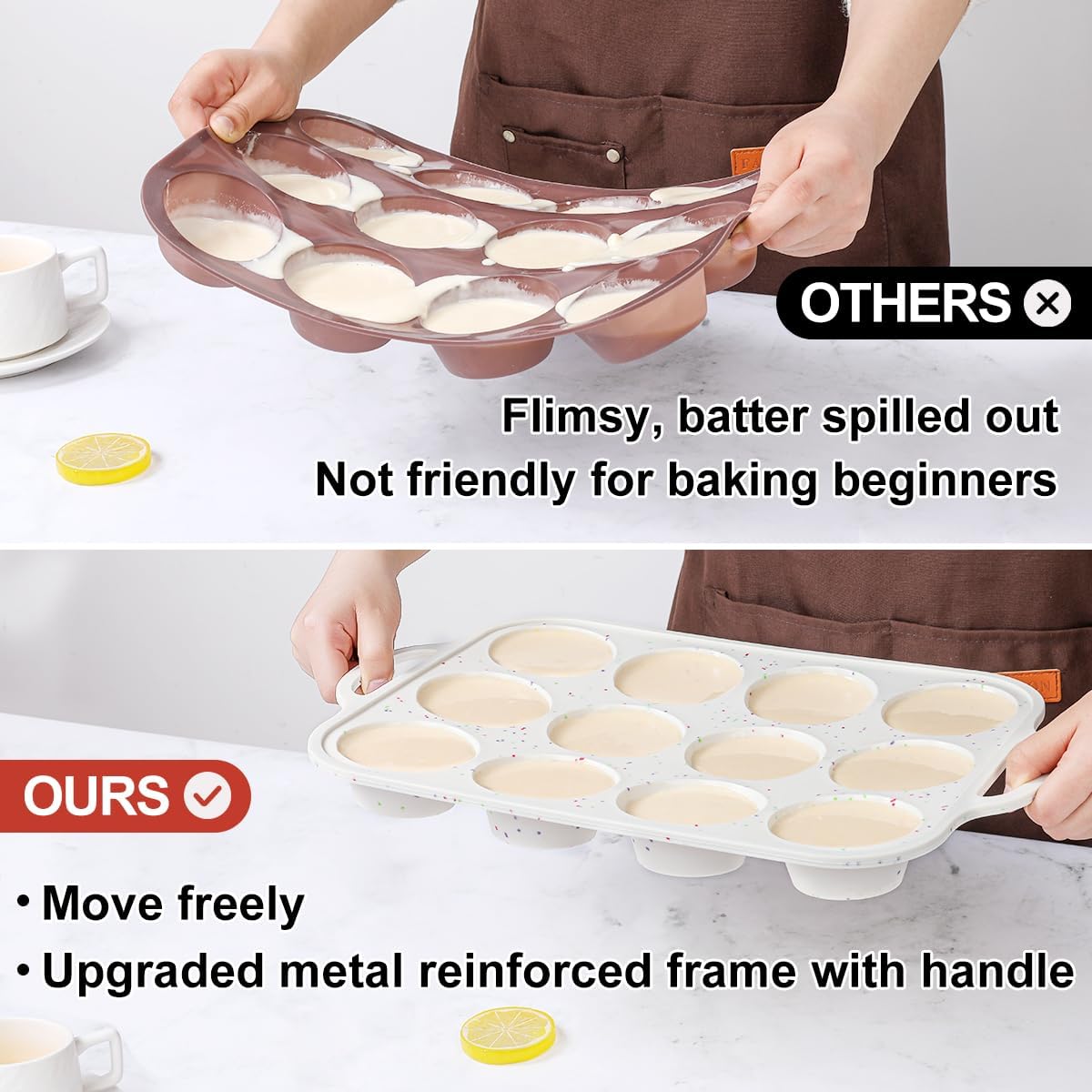 Silicone Muffin Pan with Metal Frame, Metal Reinforced Frame Regular Size Cupcake Pan with Handle 12 Cups Nonstick Muffin Pan for Baking BPA Free 2 Pack