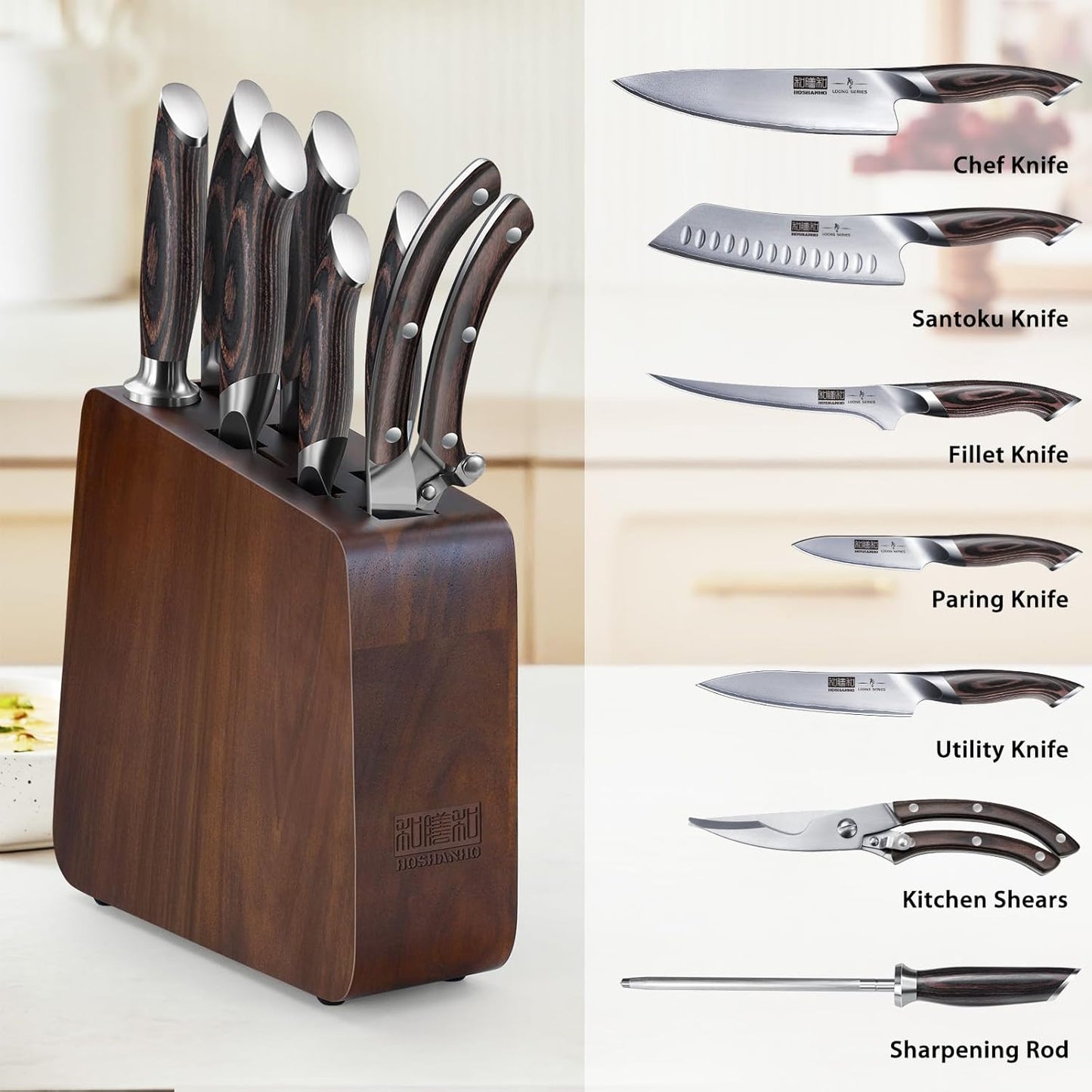 HOSHANHO Magnetic Knife Block 10 x 9 Inches, Double Sided Magnetic Knife Holder and Kitchen Knife Organizer Storage, 7 Slots Acacia Wood Universal Knife Block for Chefs