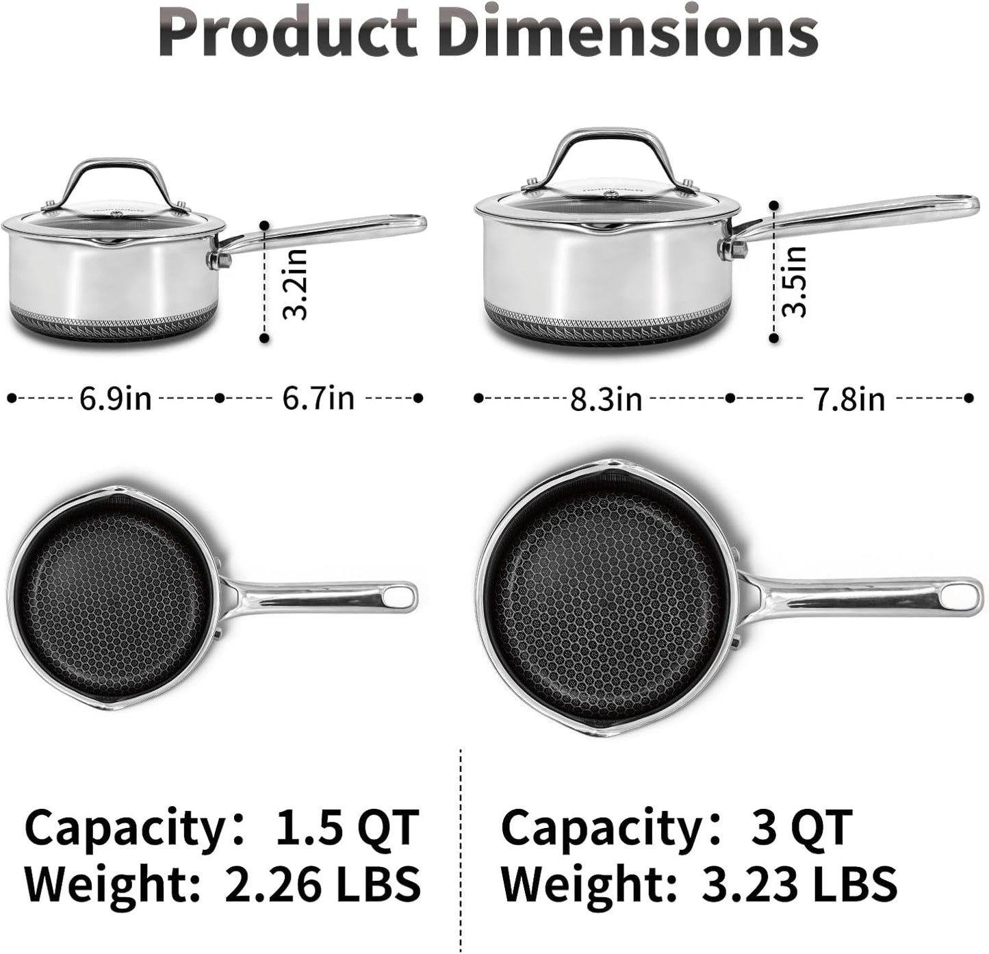 Hybrid Nonstick Saucepan Set of 2 with Lids 1.5 QT and 3 QT, Stainless Steel Honeycomb Pans with Side Pour Spouts,Compatible with All Cooktops,Dishwasher and Oven Safe