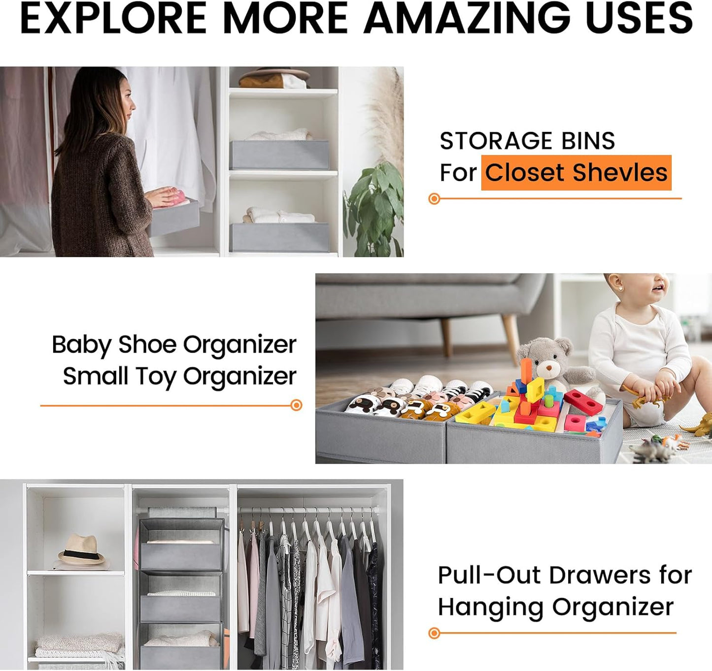 Criusia 20 Pack Drawer Organizer Bins - Grey Fabric Closet Organization and Storage Dividers for Baby Clothes, Adult Socks, Underwear, Bra, etc.