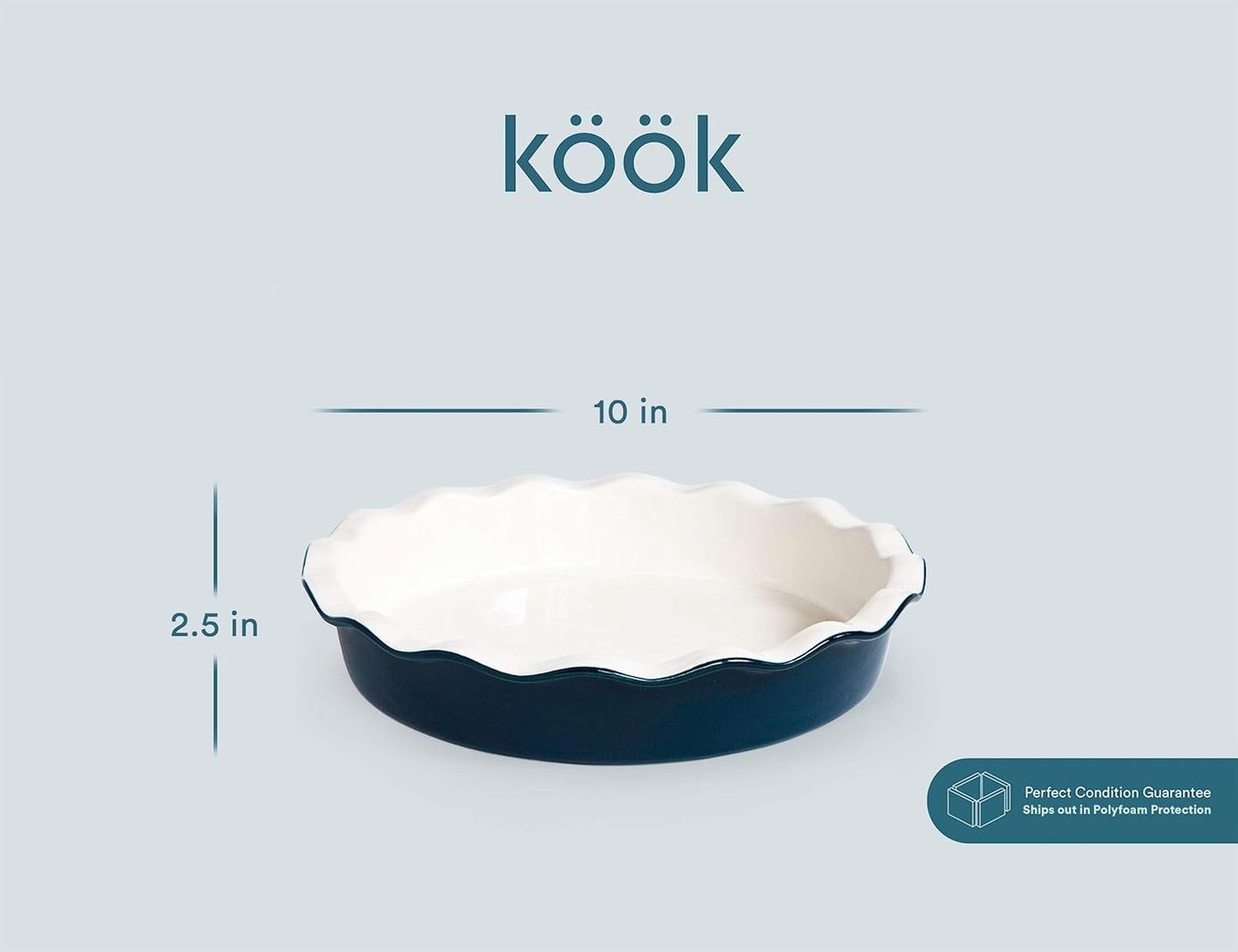 KooK Deep Dish Pie, Pecan Dessert Dish, Porcelain, Ceramic, Deep Dish Plate 10 Inch, Apple Pie, Ruffled Wave Edge, Reusable Round Pan, Oven and Dishwasher Safe, 44 Oz (Navy Blue)
