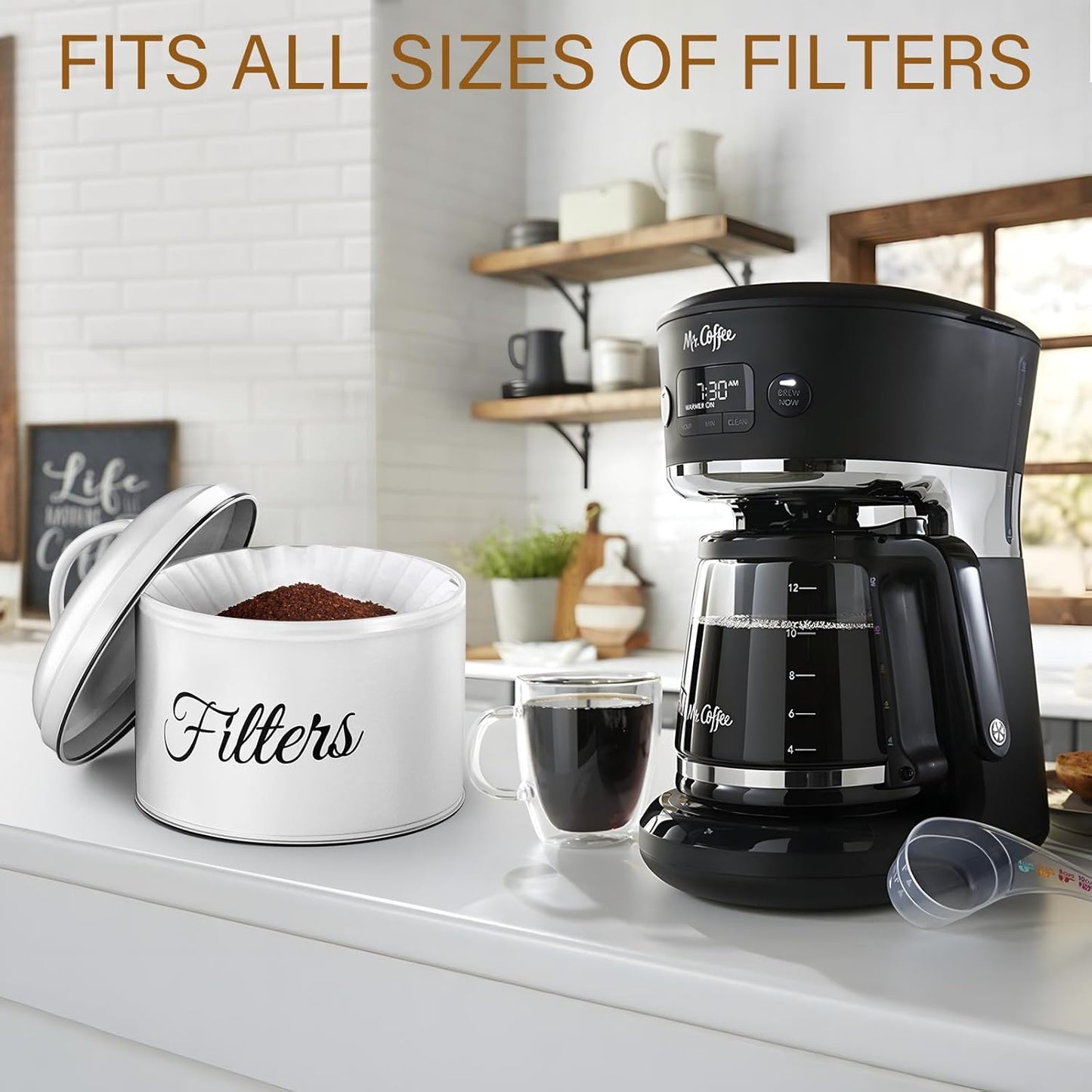 Coffee Filter Holder for Counter, Coffee Filter Storage with Lid, Round Container for Bar Accessories Decor (White)