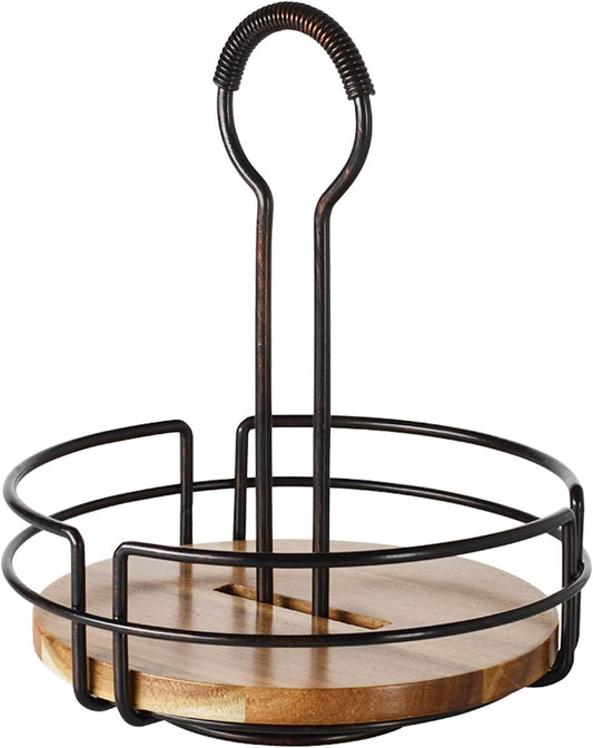 Mikasa Gourmet Basics Hanover Condiment Caddy with Rotating Caddy Organizer Design, Acacia Wood Insert - Durable, BPA-Free, Heavy-Gauge Carbon Structured Steel for Condiment Storage