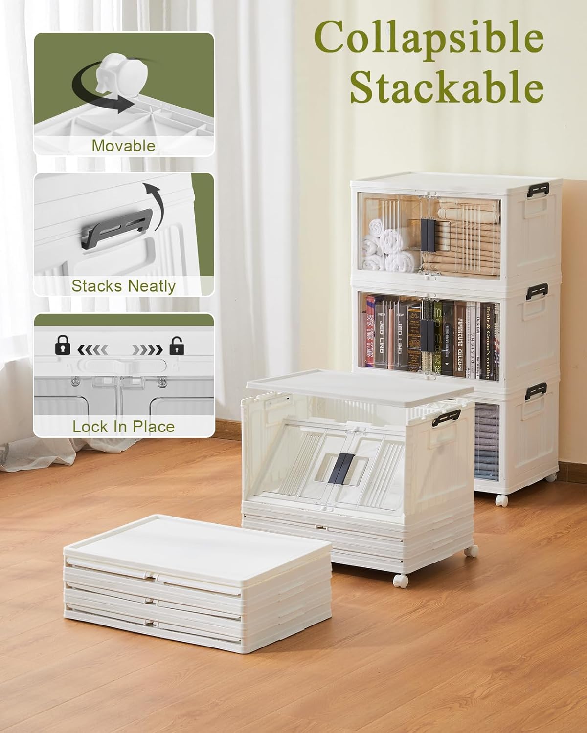 OlarHike 144QT Lockable Storage Bins with Lids - Folding Storage box with Doors and Wheels, Collapsible Plastic Bins for Closets, Stackable Organizer and Containers, Christmas Gifts, 3 Pack Cubes