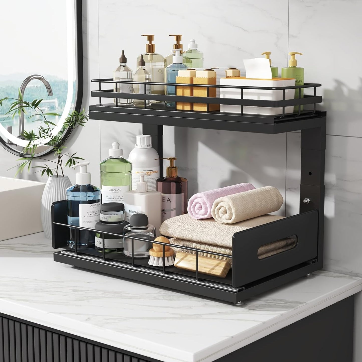 2 Pack Under Sink Organizer Upgrade To Professional Rails,2-Tier Dual Pull Out Cabinet Storage,Height Adjustable Slide Out Drawers For Bathroom Kitchen,Under Sink Shelf (Patent Registered)