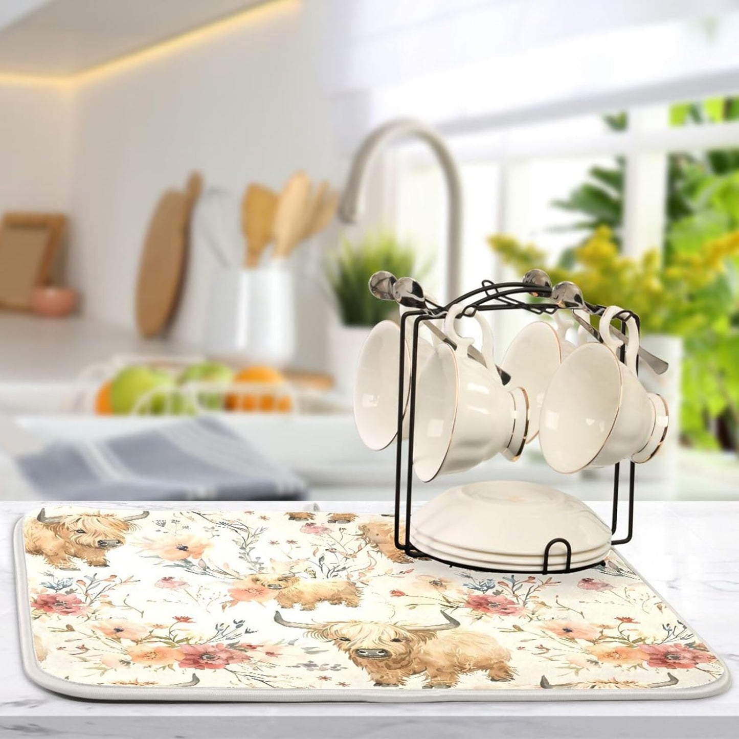 Cute Highland Cows Flowers Dish Drying Mat for Kitchen Counter Absorbent Microfiber Drying Pad, Large 18x24 in, Reversible Drainer Mats