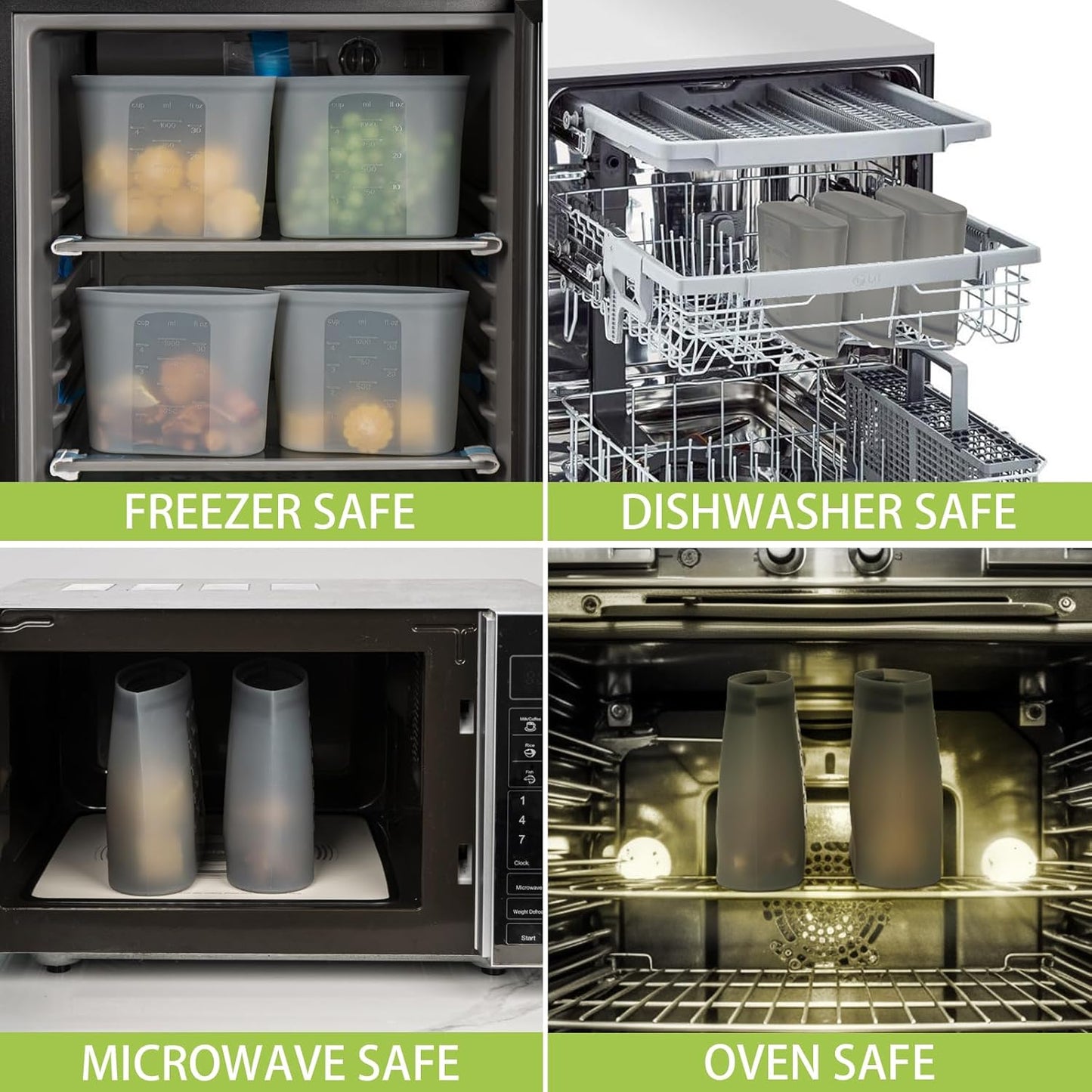 Reusable Storage Bags Quart Size, 4 Pack, 100% Silicone Stand Up Ziplock Reusable Silicone Food Storage Bags Sandwich Bags Containers, Freezer Microwave Oven Dishwasher Safe, Grey, 33.8fl.oz