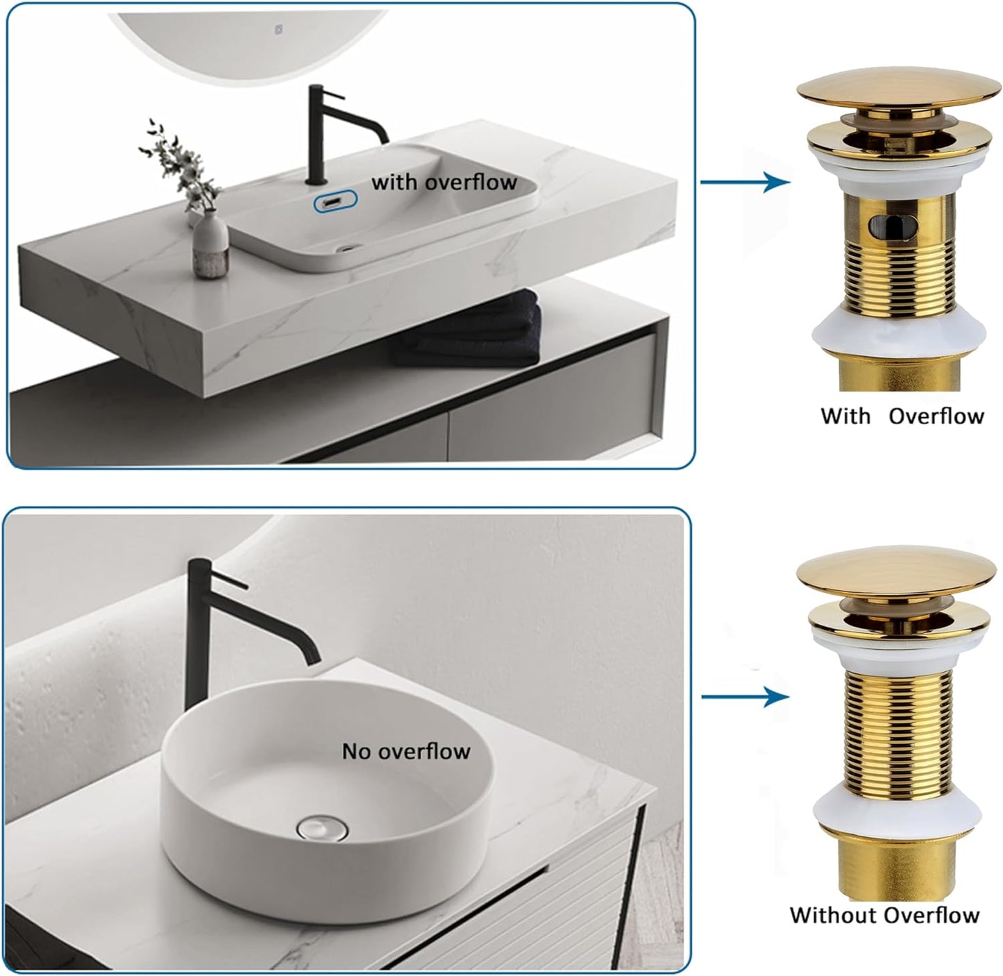 Bathroom Sink Drain, 5 Pack Gold Drain Stopper Bathroom Sink with Overflow, Pop Up Drain Assembly with Detachable Strainer Basket, Built-in Anti-Clogging Strainer,Stainless Steel