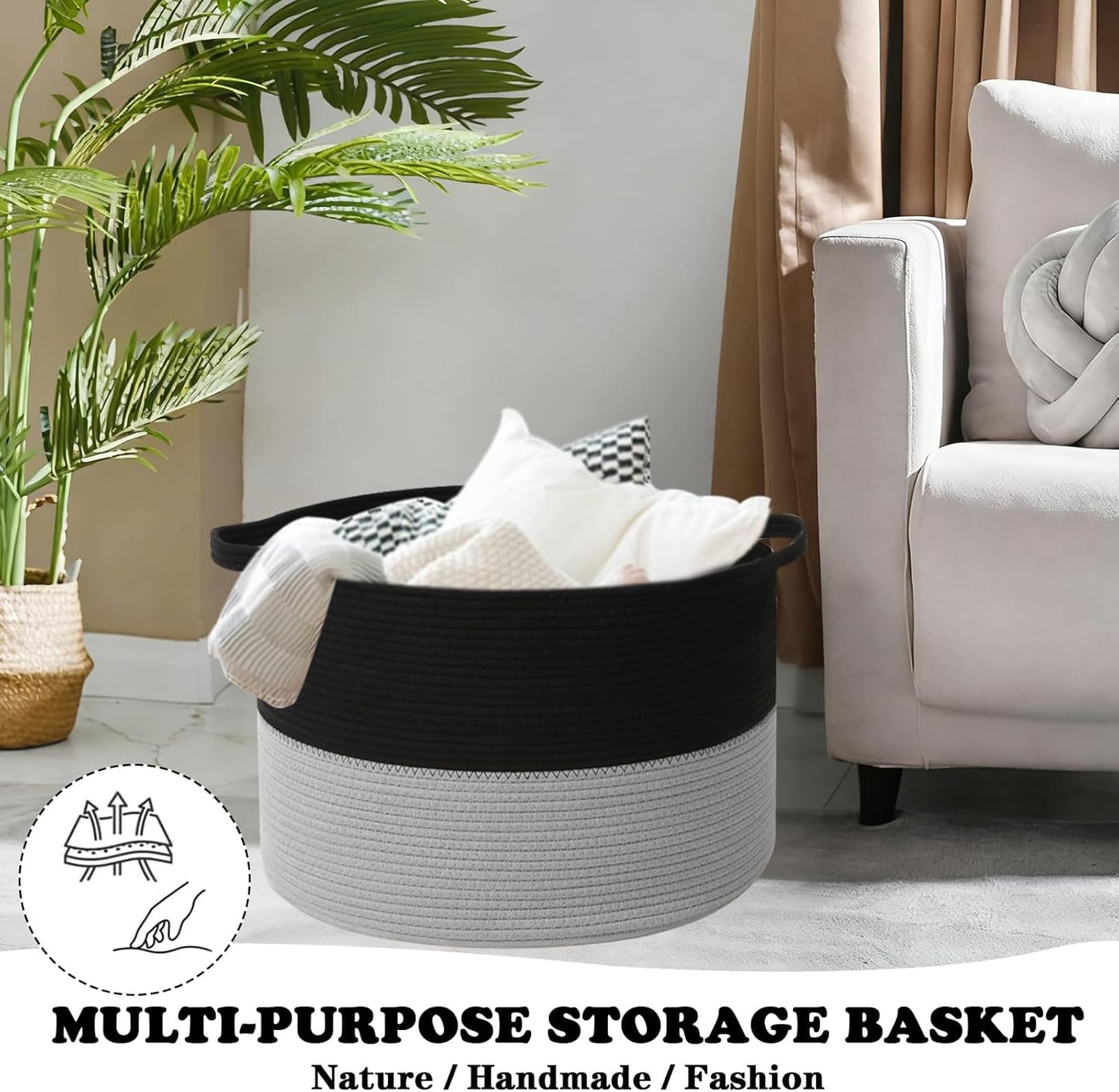 Large Blanket Basket for Organizing,65L Closet Organizers and Storage Bins Box for Shelves Woven Rope Storage Baskets,Living Room,Bedroom,Dorm,Laundry room (Black&Light Grey)