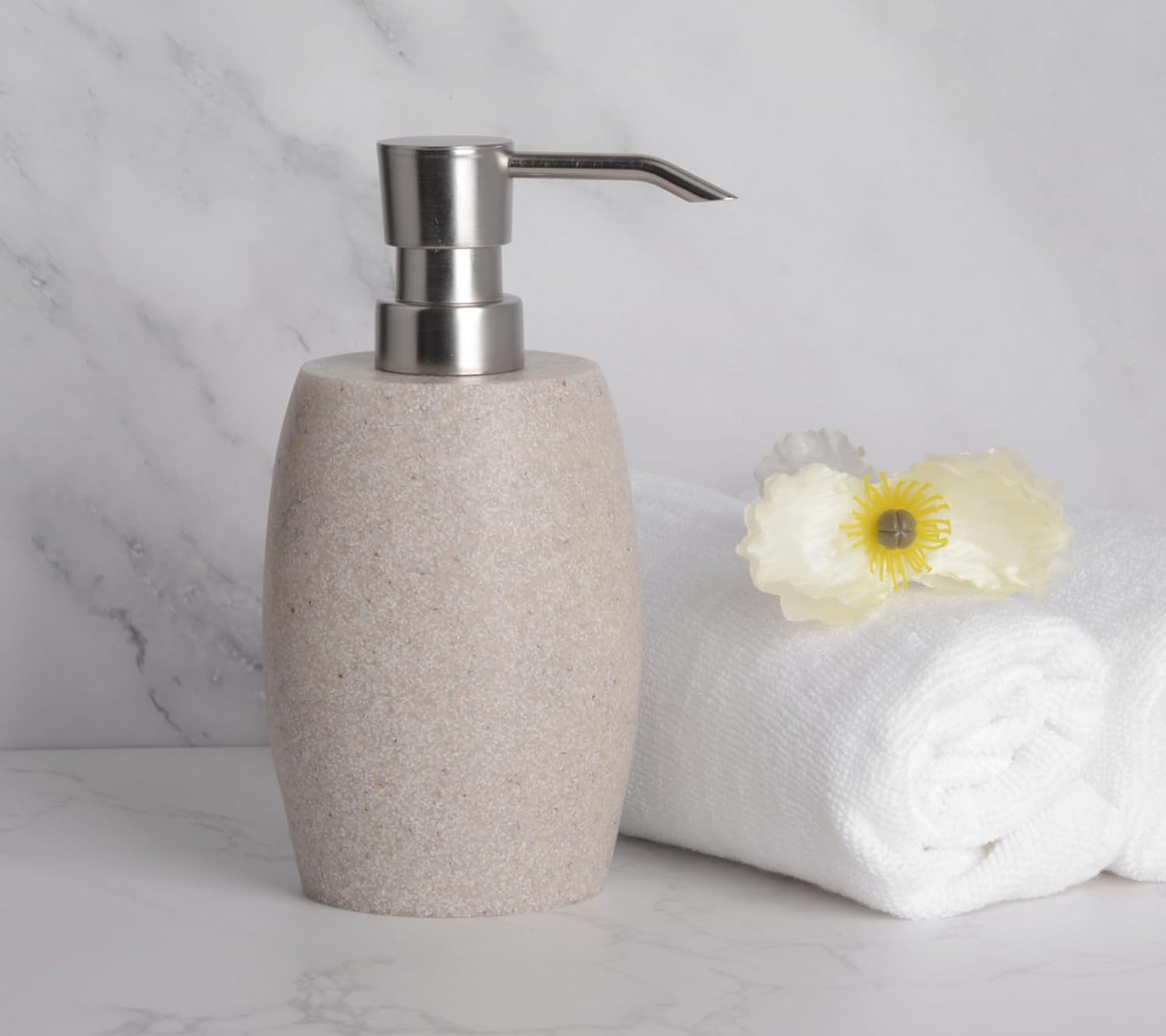 Sandstone Textured Resin Soap Dispenser with Metallic Pump and Waterproof Bottle Labels for Bathroom Kitchen Dish Hand Wash Shower Lotion Shampoo, 12 Oz, Beige