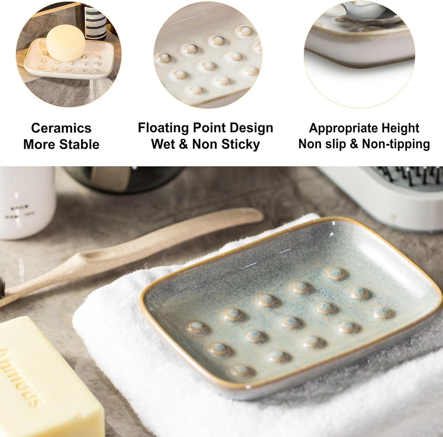 Soap Dish for Shower, Ceramic Soap Dish Non-Slip Soap Holder Bar Saver Tray for Bathroom Kitchen Sink, Floating Point Design Save Soap Loss