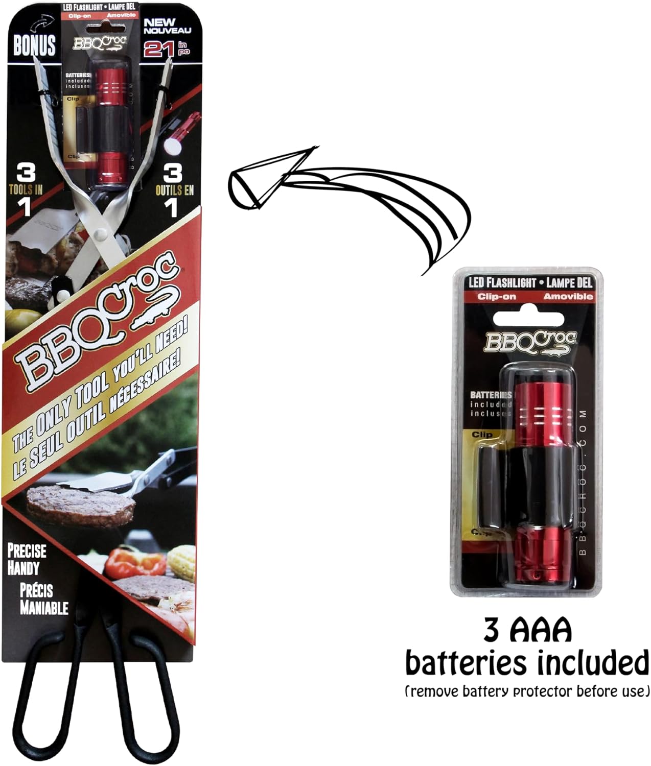 BBQCroc 3-in-1 Barbecue Tool 21-inch - Extra Light and Long Tongs, Spatula and Grill Scraper (Black) (21 inch with Flashlight)