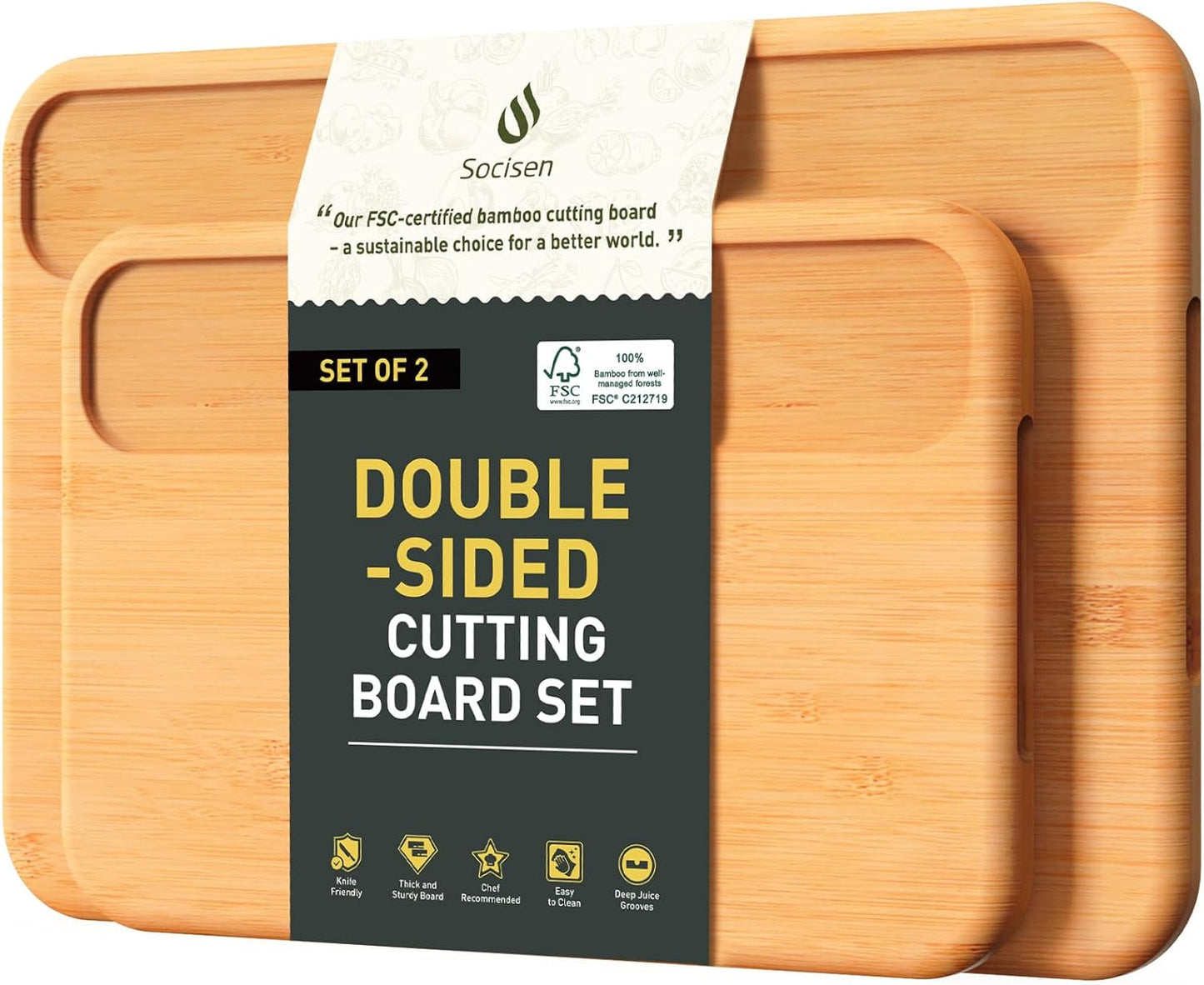 2 Packs Natural Wood Cutting Board Set Non Toxic Bamboo Cutting Boards with Juice Groove Wooden Chopping Board Ideal Charcuterie for Meat Fruit Vegetables Cheese Hardwood Kitchen Counter Kit