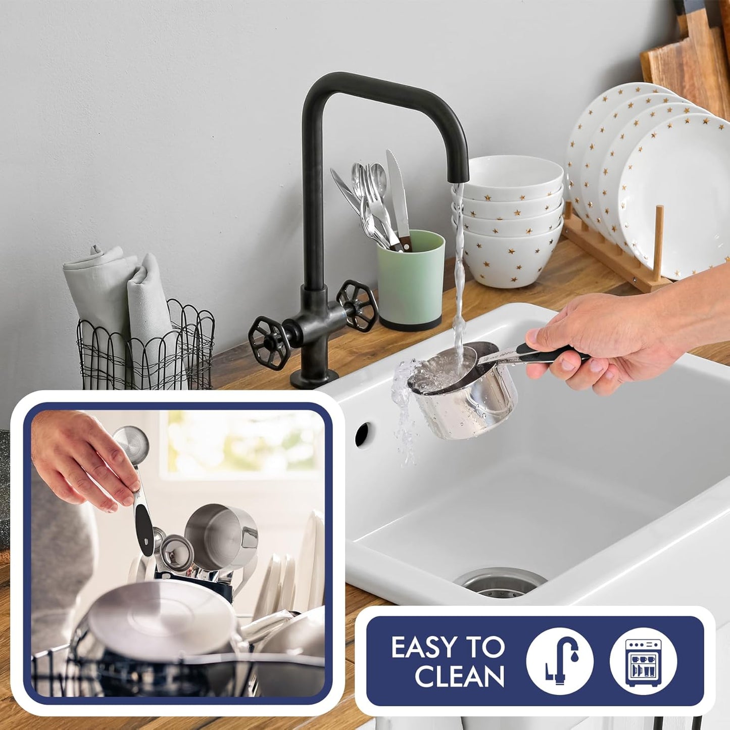 HOTEC 10-PACK Measuring Cups and Spoons Set, Kitchen Gadagets Cooking Baking,Heavy Duty & Dishwasher Safe for Dry and Liquid Ingredients,Black