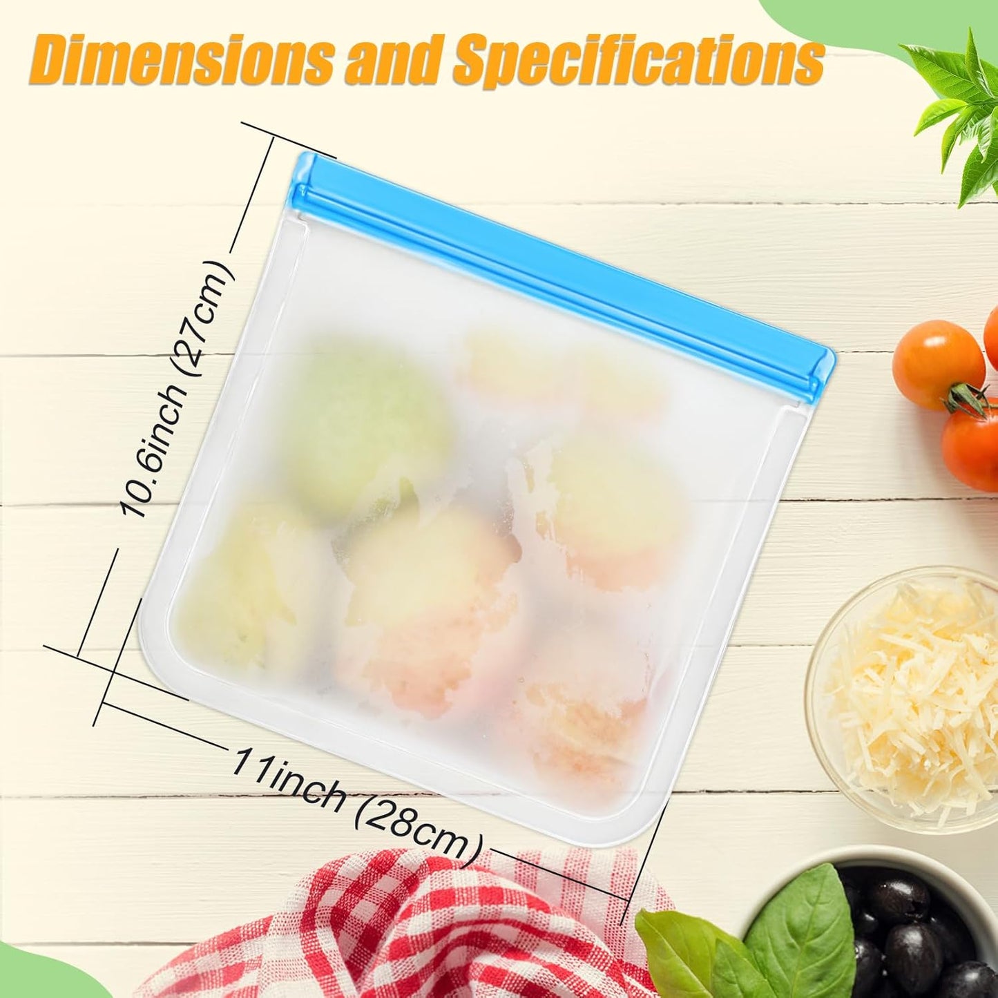 10 Pack Reusable Storage Bags, Dishwasher Safe Reusable Silicone Leak proof Freezer Bag for Food Storage Containers, Lunch, Sandwich, Marinate Meat, Salad Fruit 11'' x 10.6''