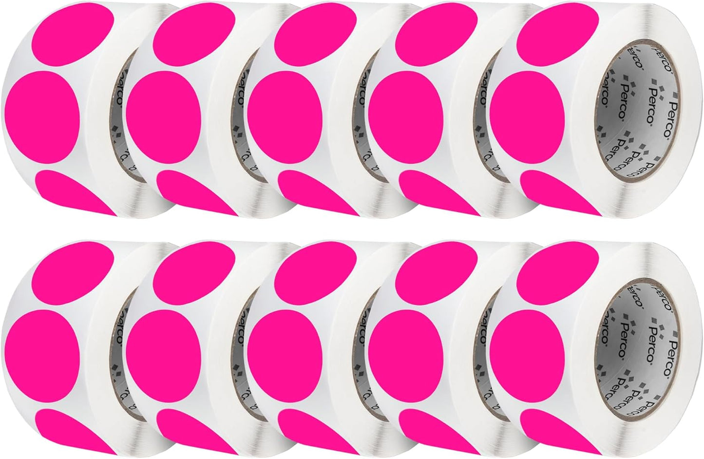 Perco Fluorescent Pink 3-Inch Perforated Circle Dot Sticker Labels — 10 Rolls, 5,000 Round Stickers — with Permanent Adhesive for Moving Boxes, Sale Signage, Displays, Status Messaging—Made in USA