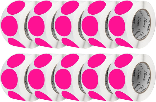 Perco Fluorescent Pink 3-Inch Perforated Circle Dot Sticker Labels — 10 Rolls, 5,000 Round Stickers — with Permanent Adhesive for Moving Boxes, Sale Signage, Displays, Status Messaging—Made in USA