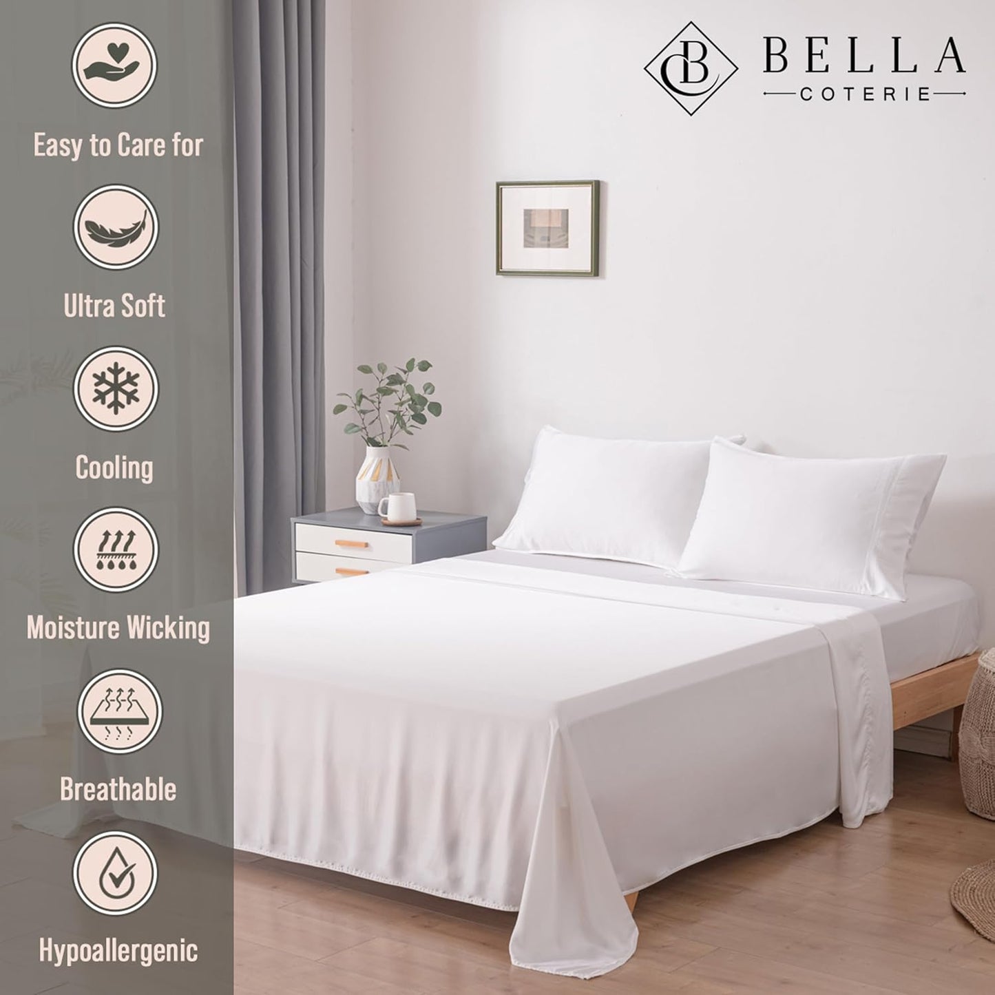 Bella Coterie Luxury Bamboo Viscose Split King Size Sheet Set | 100% Organically Grown | Ultra Soft | Cooling for Hot Sleepers | 18" Deep Pocket [White]