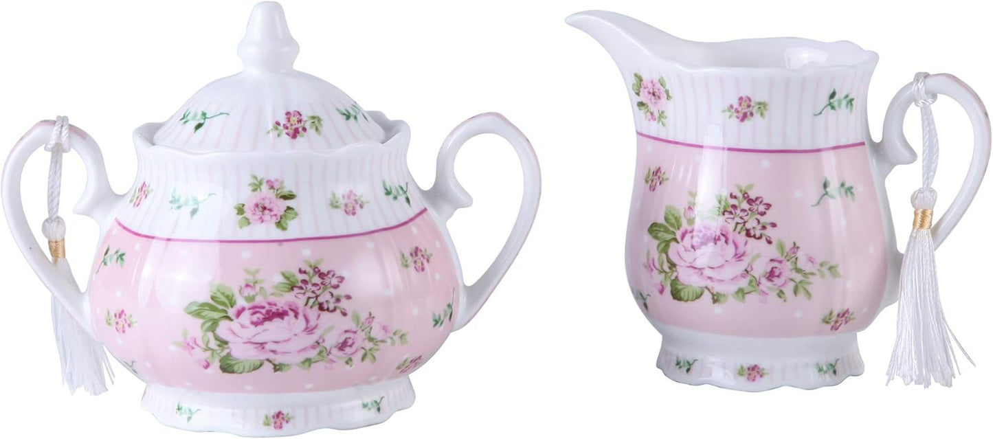 London Boutique Porcelain Teapot Sugar Bowl and Cream Milk Jug Shabby Chic Vintage Floral in Gift box 40oz (Cream & Sugar Set Rose Pink)
