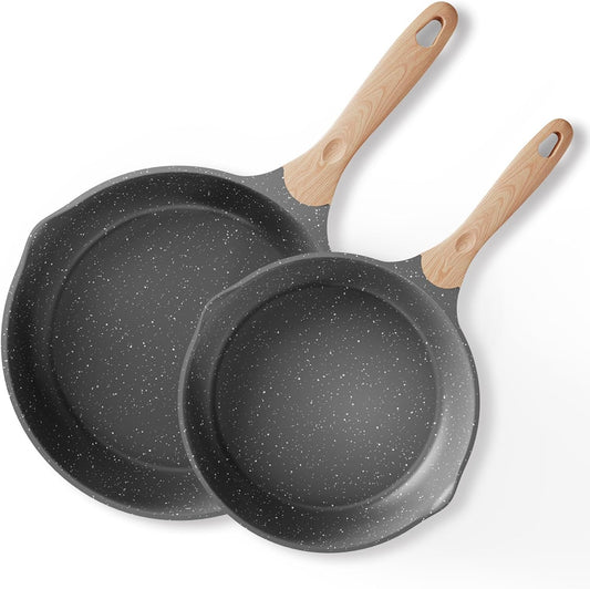 JEETEE Nonstick Frying Pans Set, Skillets Set 2 Pcs, 8" 10" Granite Non-Stick Frying pan, Nonstick Omelette Skillet with Soft Touch Handle, Grey