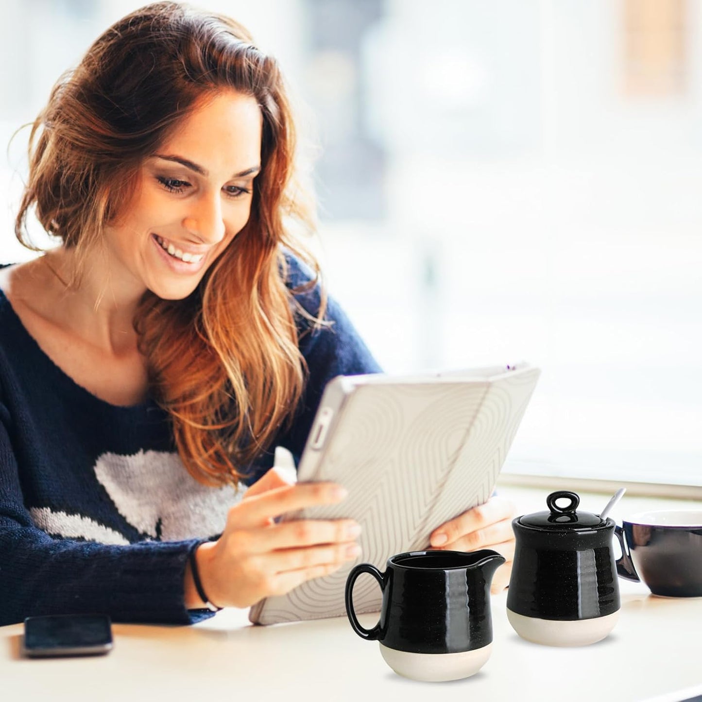 Hasense Sugar and Creamer Set, 3 Piece Porcelain Coffee Serving Set with Cream Pitcher, Sugar Bowl, Lid & Spoon, 10 Ounce Creamer Container and Sugar Pot, Farmhouse Decor (Black)