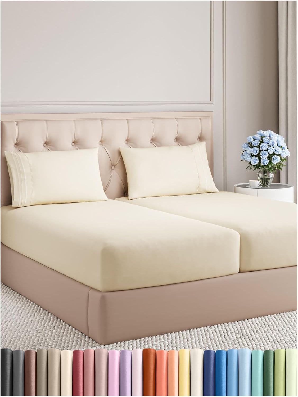 Split King Size 5 Piece Sheet Set - Comfy Breathable & Cooling Bed Sheets Set - Hotel Luxury Bedding for Women, Men, Kids, Teens, Boys & Girls - Deep Pockets, Soft, Wrinkle Free - Oeko-Tex - Off White