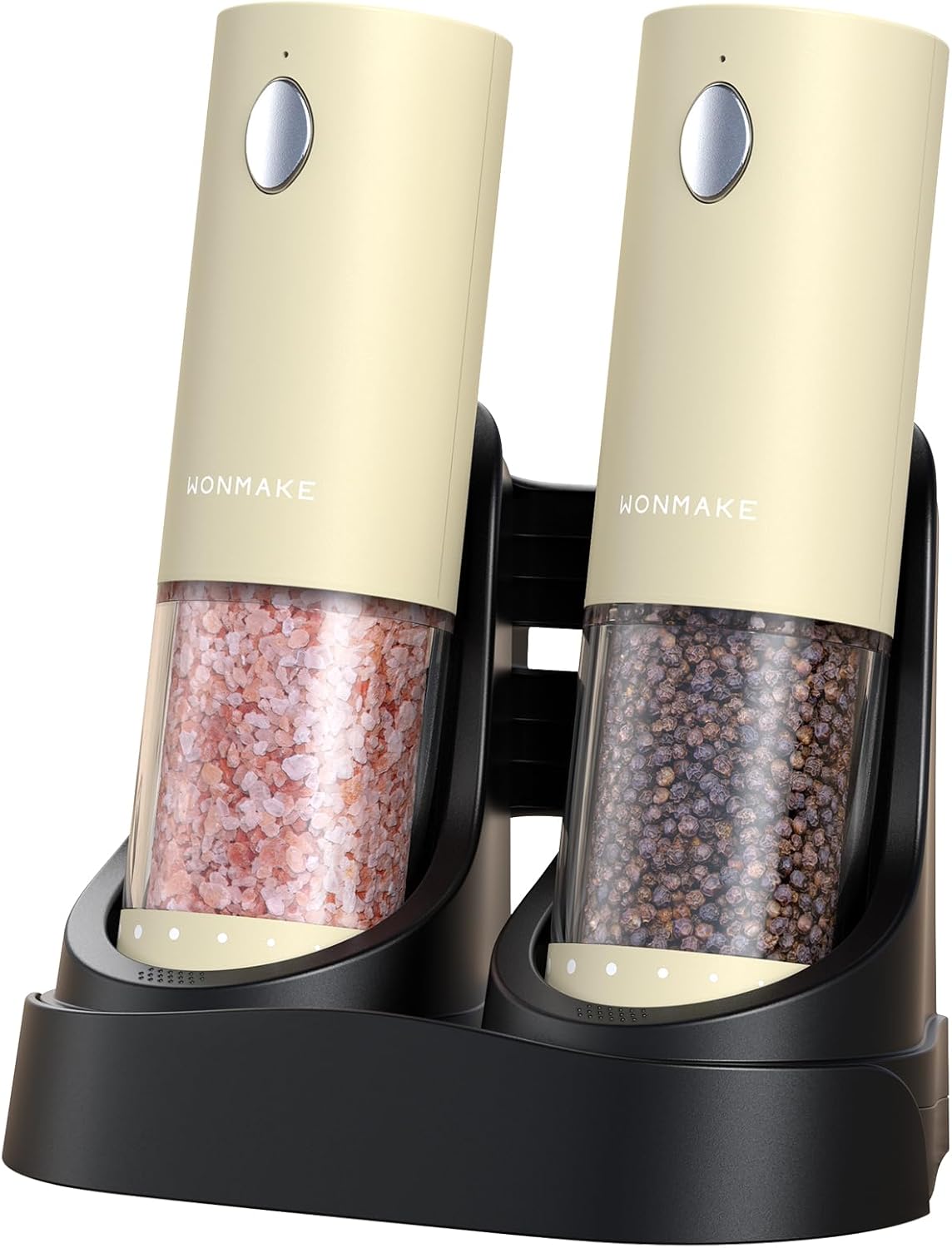 Electric Salt and Pepper Grinder Set - Automatic Refillable Salt and Pepper Grinders with Charging Base & LED Light, 6-Level Adjustable Coarseness with External Dial, Ideal Kitchen Gadget，Beige