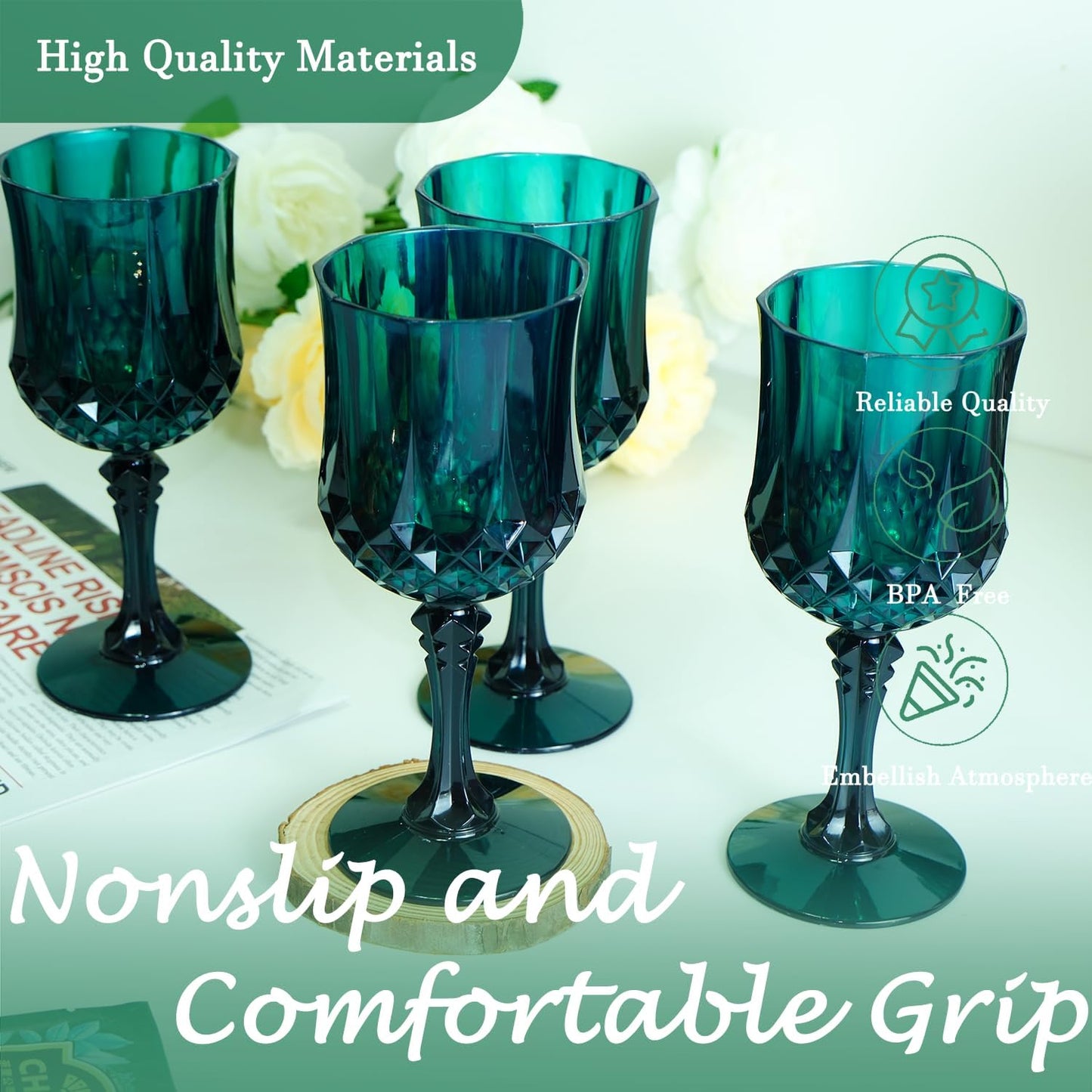 Plastic Wine Glasses，Plastic Goblets Vintage Style Cordial Drinking Glasses for Wedding Reception, Grand Event Party Supplies (12, Green)