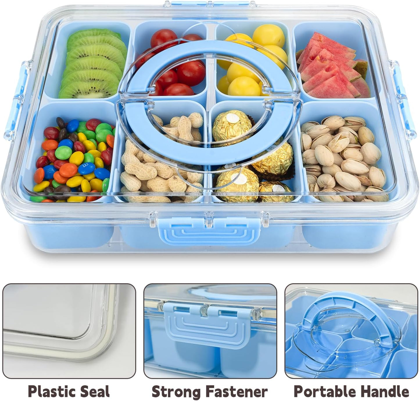 Divided Serving Tray with Lid and Handle,8 Compartments Snacks Box,Snack Fruit Veggie Tray,Portable Platter for Candy Fruits Nuts Snack Party Entertaining Picnic (Blue)