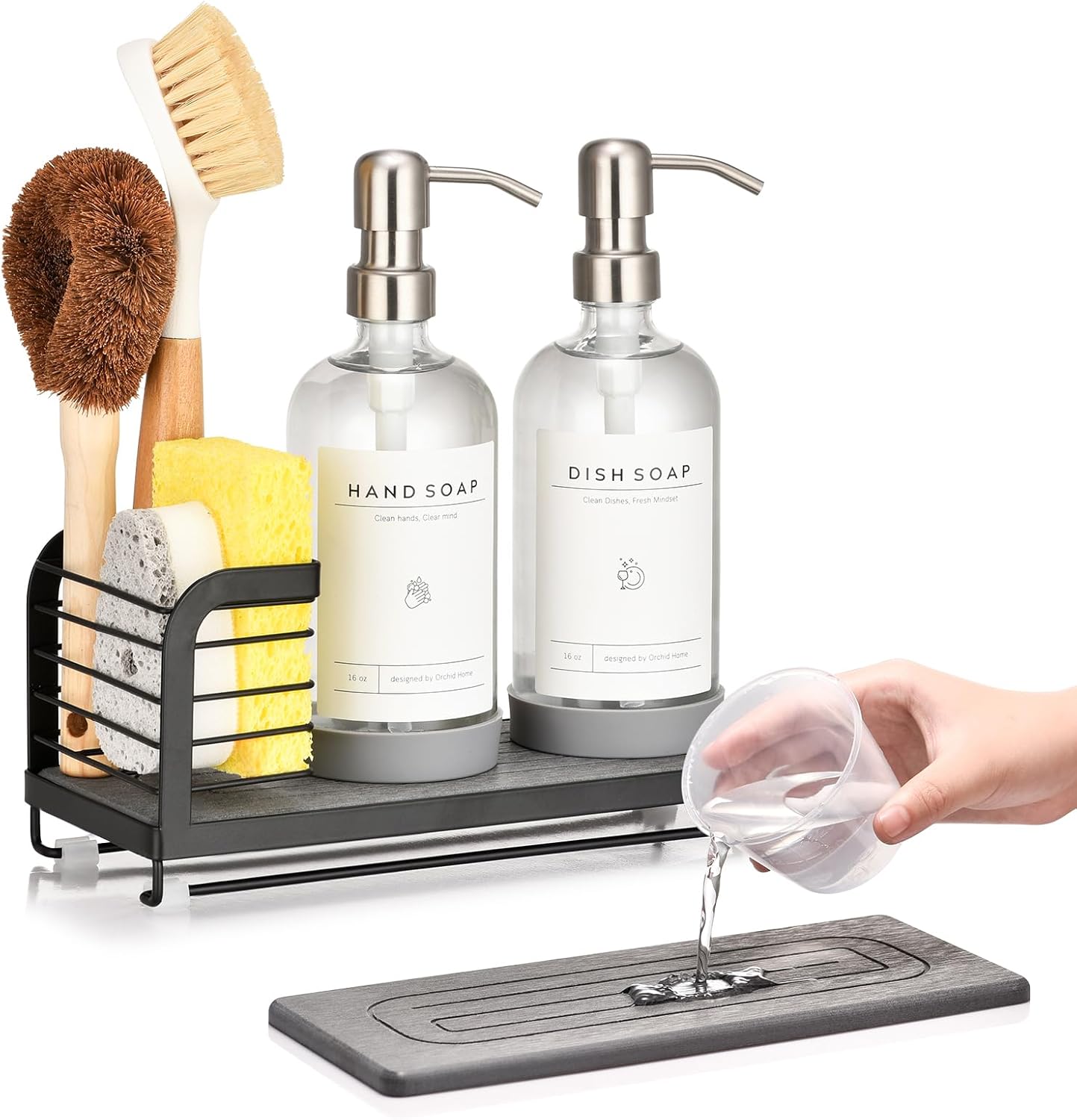 Kitchen Soap Dispenser Set with Drying Tray – 16oz Glass Bottles with Stainless Steel Pumps, Black Sink Organizer Caddy with Brush Holder & Non-Slip Feet – All-in-One Dish & Hand Soap Station