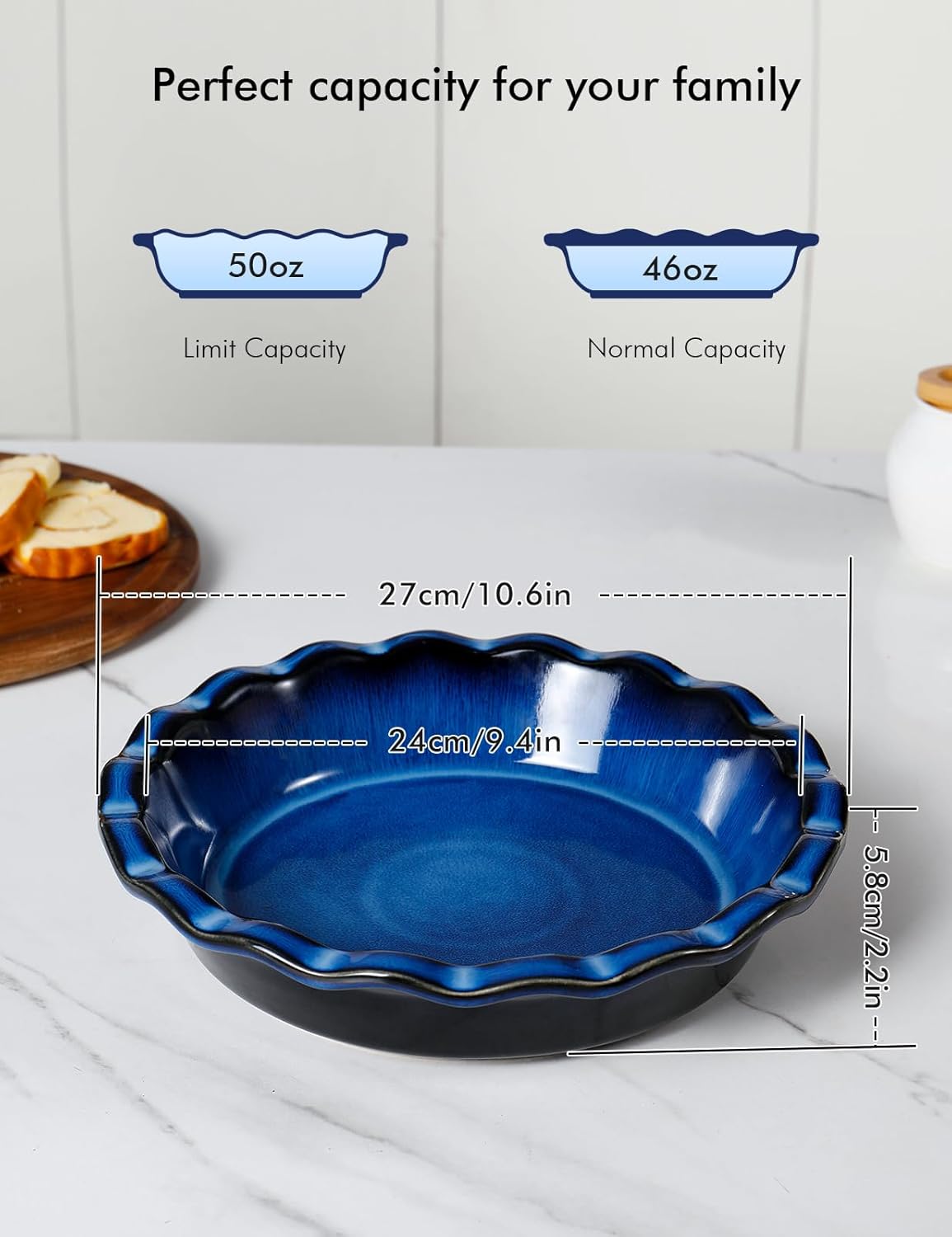 AISBUGUR Pie Pan for Baking 9 Inch Ceramic Pie Dish Quiche Baking Dish Non-Stick Dishwasher & Oven Safe (Reactive Glaze Blue)