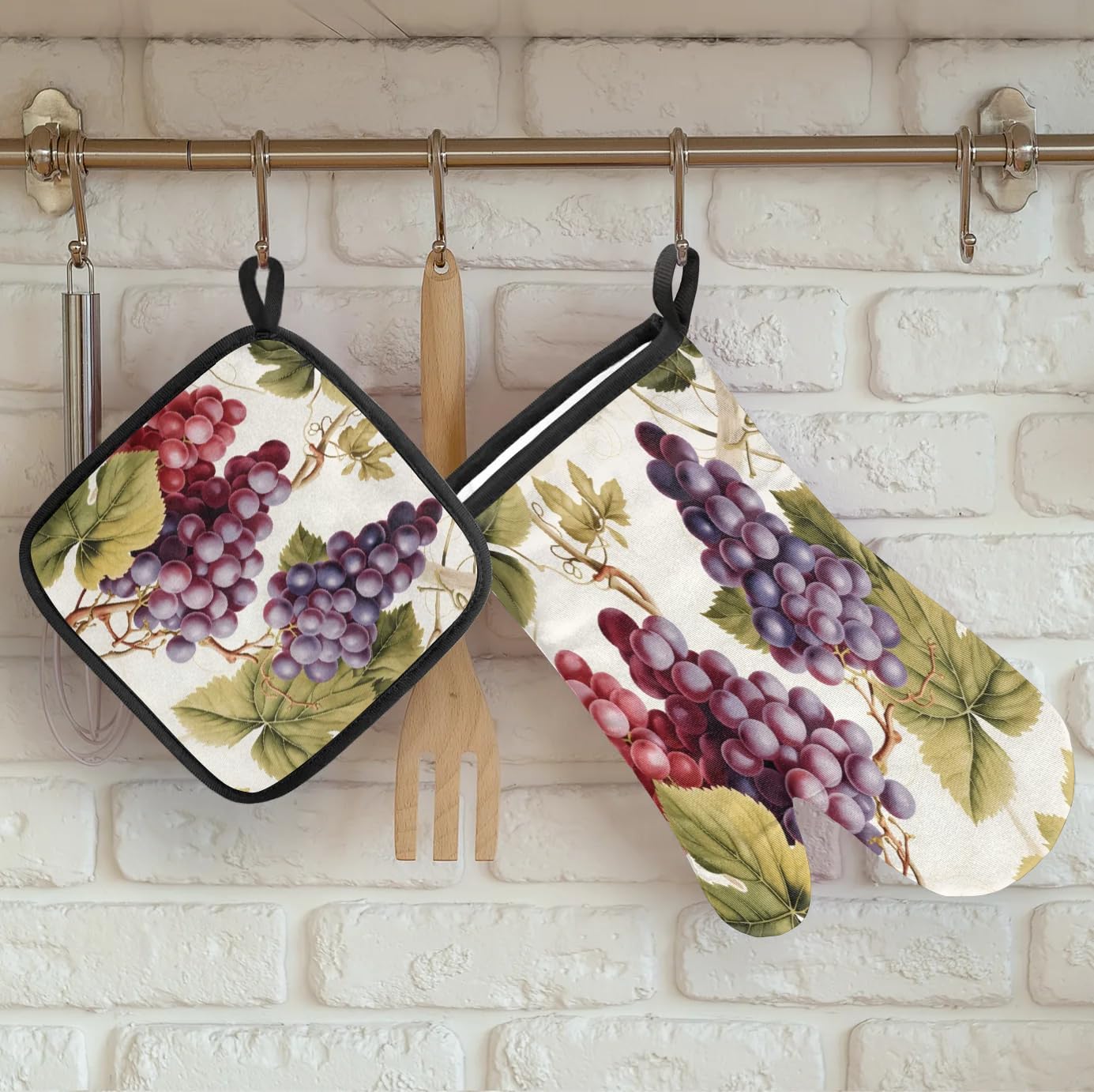 Vintage Grapes Vine Oven Mitts and Pot Holders Sets, 2 Pcs Decorative Kitchen Oven Glove for Cooking