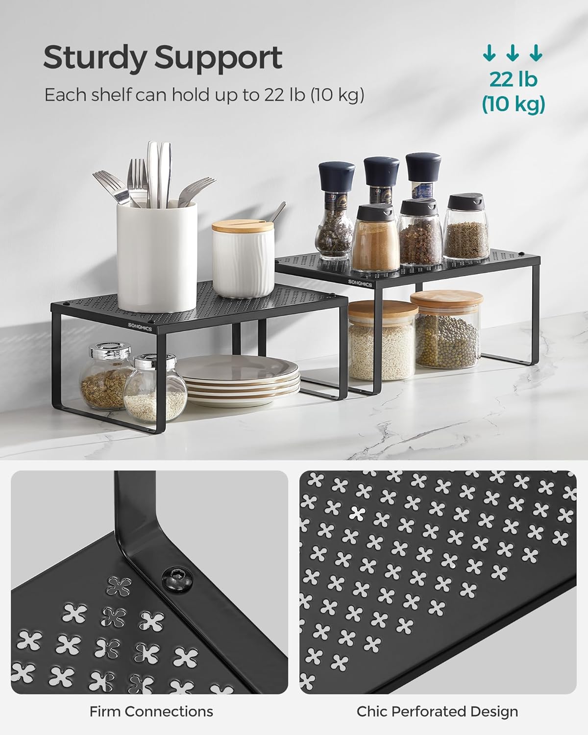 SONGMICS Spice Racks, Set of 2 Metal Cabinet Shelf Organizers, Countertop Organizers, Shelf Risers, Stackable, Expandable, Ink Black UKCS001B01