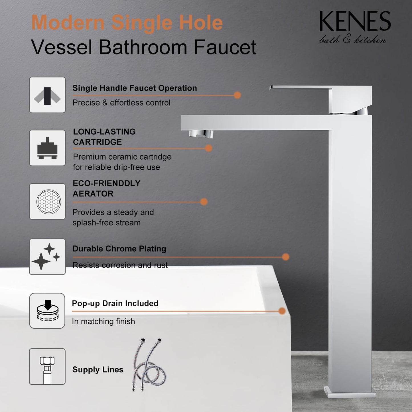 KENES Chrome Bowl Vessel Sink Facuet Single Handle Tall Bathroom Sink Faucet Bathroom Vanity Faucet Basin Mixer Tap with Water Supply Lines and Pop Up Sink Drain, LJ-9031A-5