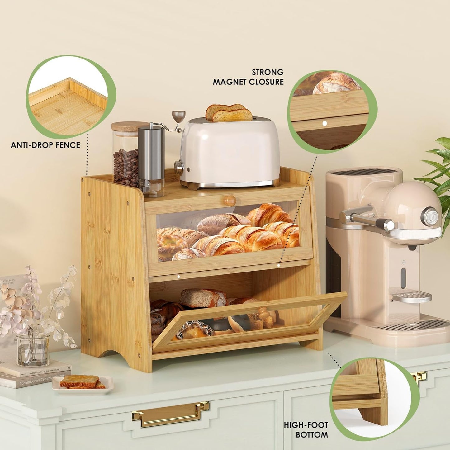 Double Layer Bread Box for Kitchen Countertop, Large Breadbox Bread with Windows, Wooden Farmhouse Bread Holder (Natural Bamboo)