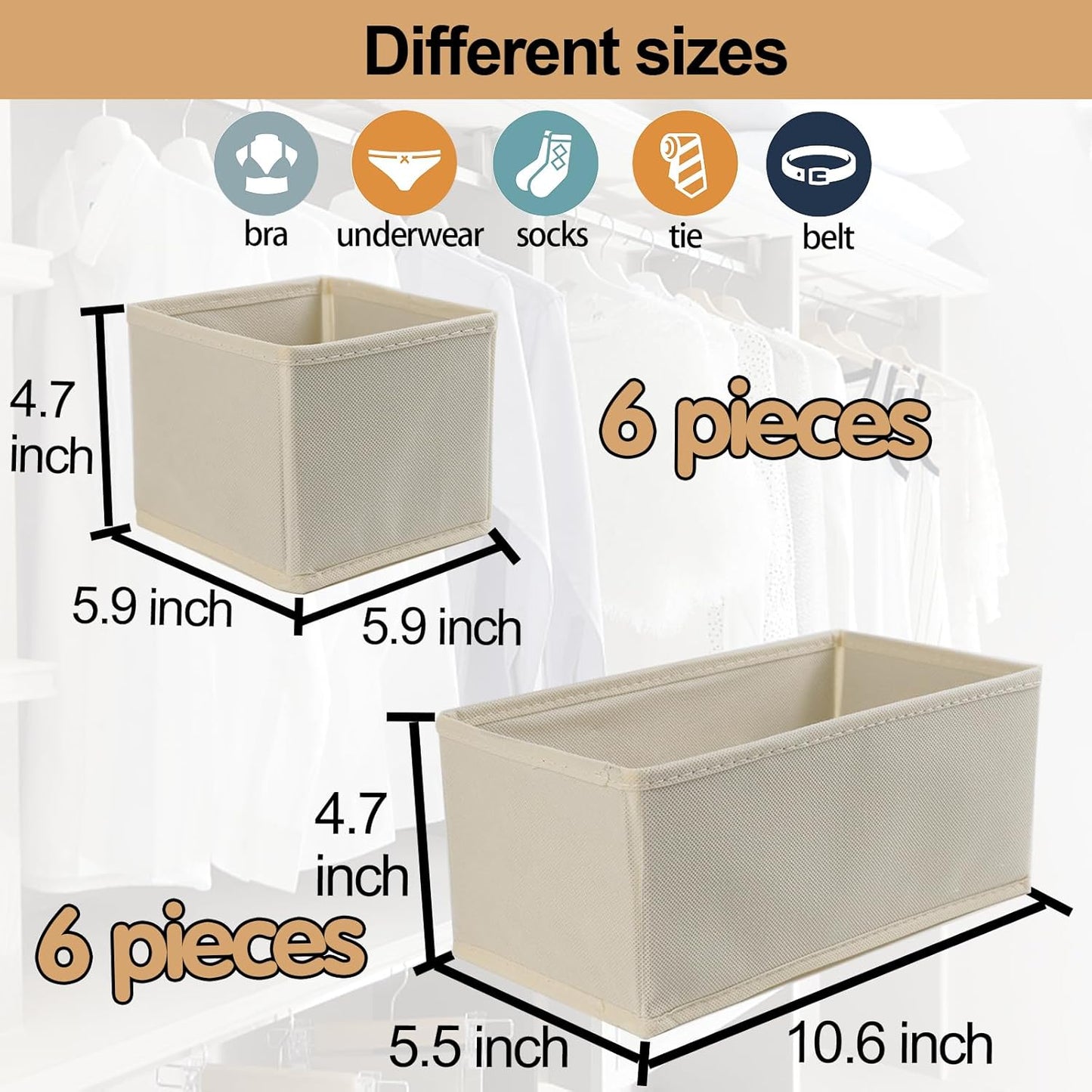 Set of 12 Drawer Organizer, Fabric Closet Organizer and Storage Baskets,Foldable Drawer Divider for Clothing,Sock,Ties,Underwear Drawer Organizers,Set of Cabinet Storage Boxes (Beige)