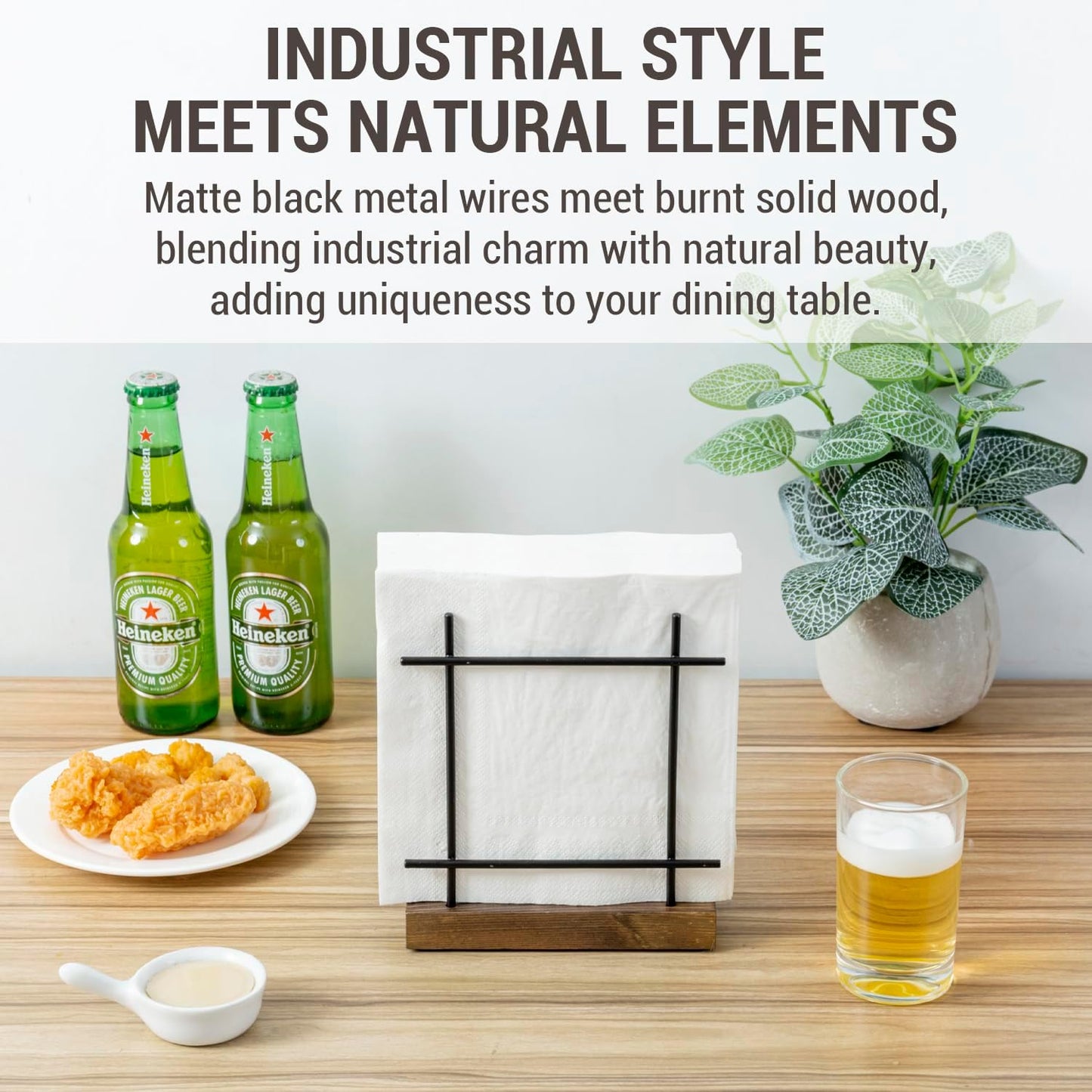 MyGift Napkin Holder for Table, Matte Black Metal Napkin Dispenser for Kitchen Dining with Rustic Burnt Brown Wood Base, Decorative Holders for Paper Mail Bills Home Decor