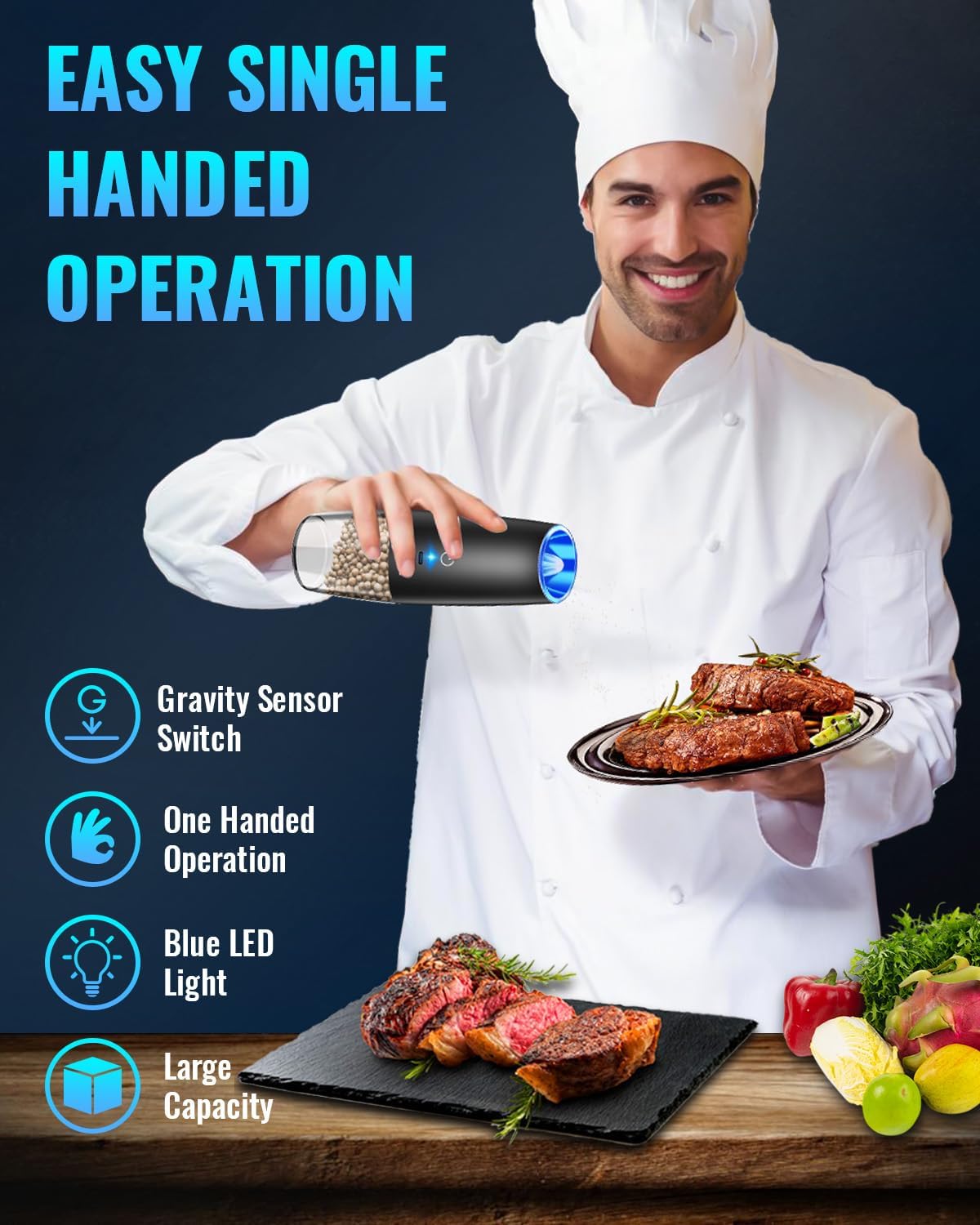 XinXu Rechargeable Pepper and Salt Grinder Set, No Battery Needed, whit Gravity Sensing Switch and LED Light, One Hand Automatic Operation -2 Pack/Black