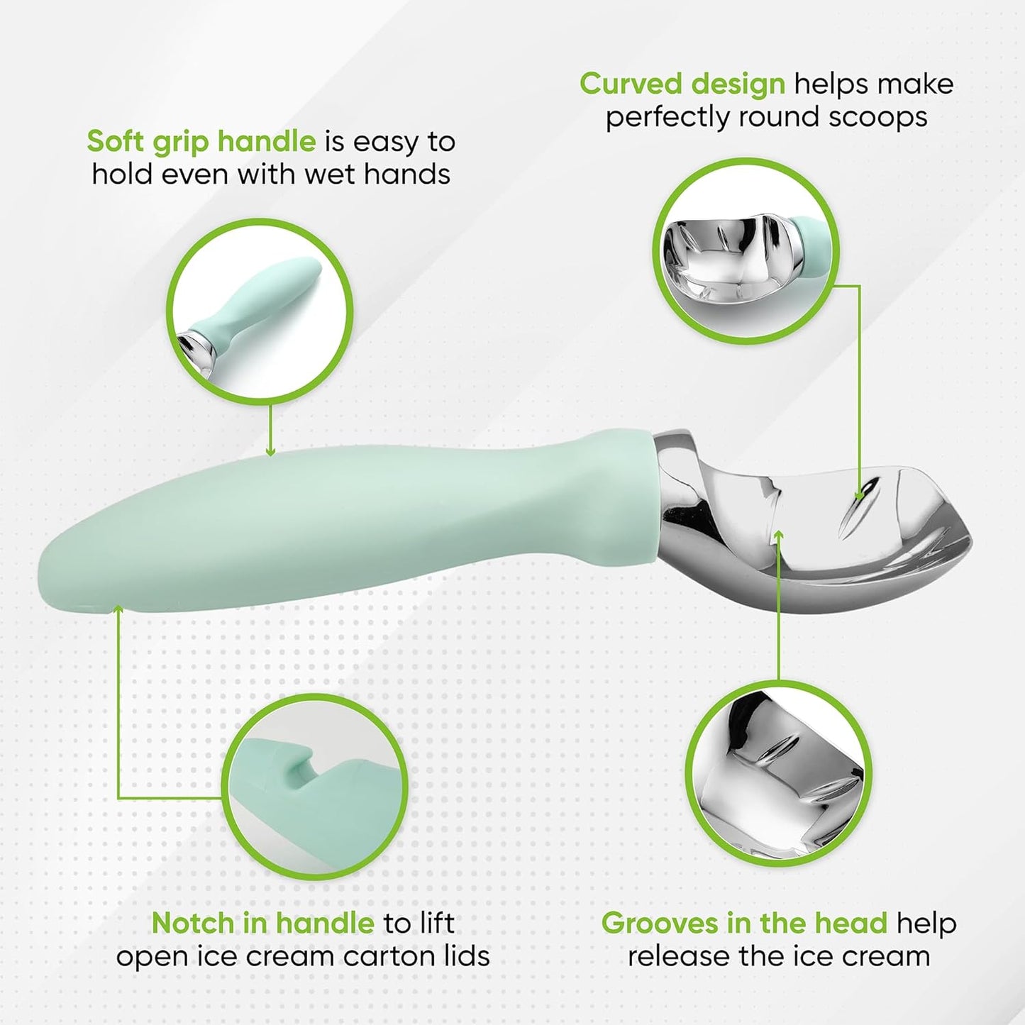 Spring Chef Heavy Duty Ice Cream Scoop with Comfortable Handle, Premium Ice Cream Scooper for Cookie Dough, Frozen Yogurt, Gelato, Sorbet, Melon - Dishwasher Safe Kitchen Tools - 2 Pack - Mint