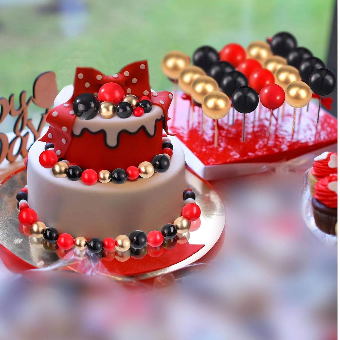 108 Pcs Balls Cake Topper DIY Cupcake Insert Foam Balloons for Cake Baking Wedding Anniversary Birthday Decoration(Red, Black, Gold,Multi Sizes)